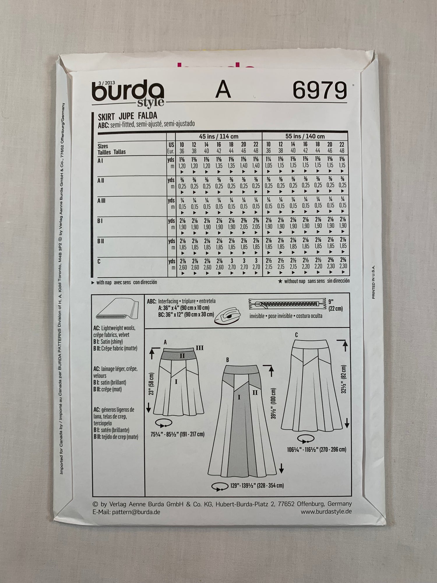 Burda Sewing Pattern 6979 Misses' Skirt, 3 Variations, Three Lengths, Zipper Back, Size 10-22, Uncut, Vintage 1996