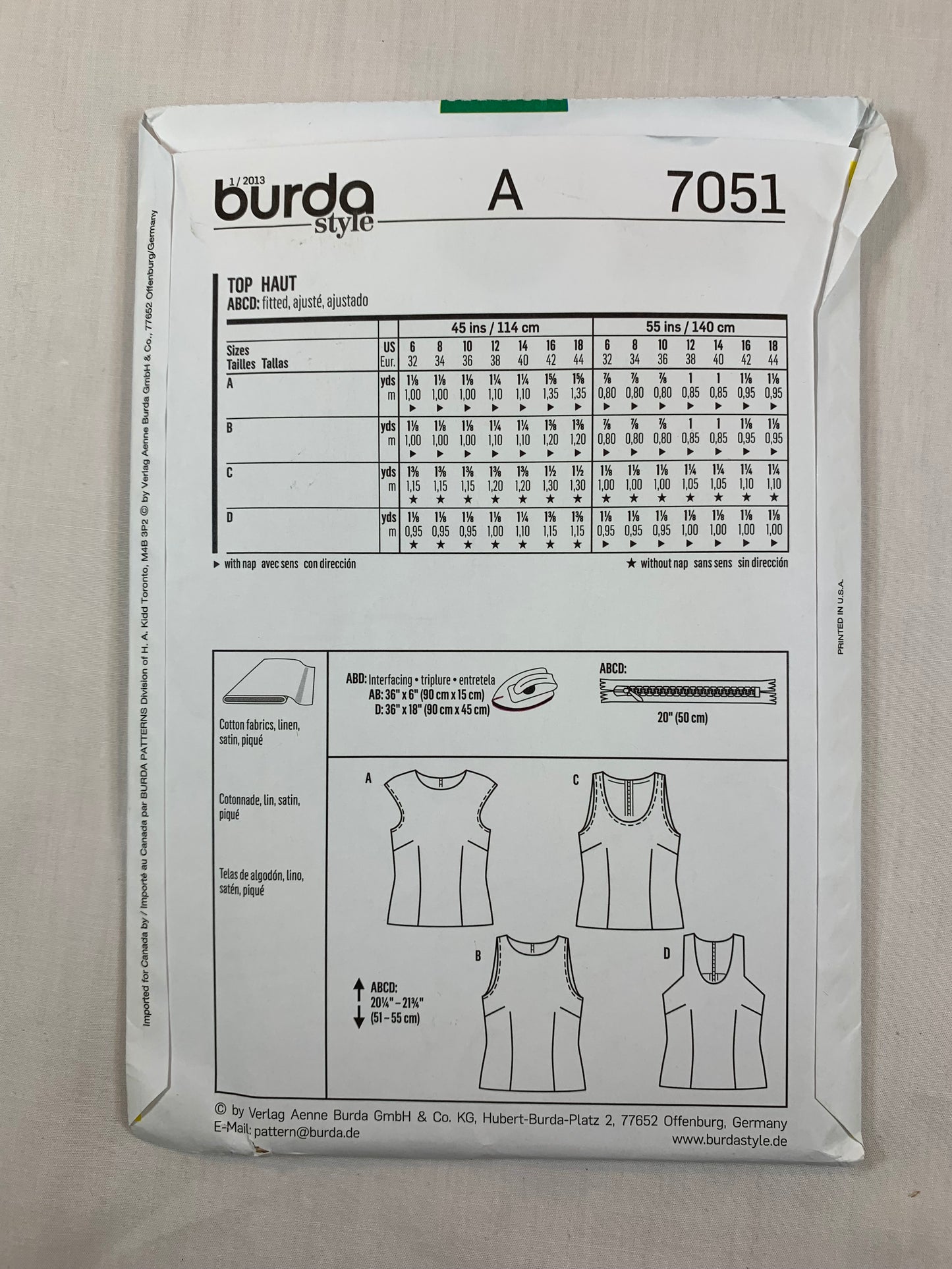 Burda Sewing Pattern 7051 Misses' Tops, Sleeveless, Zipper Back, Darts, 4 Variations, Size 6-18, Uncut, 2017