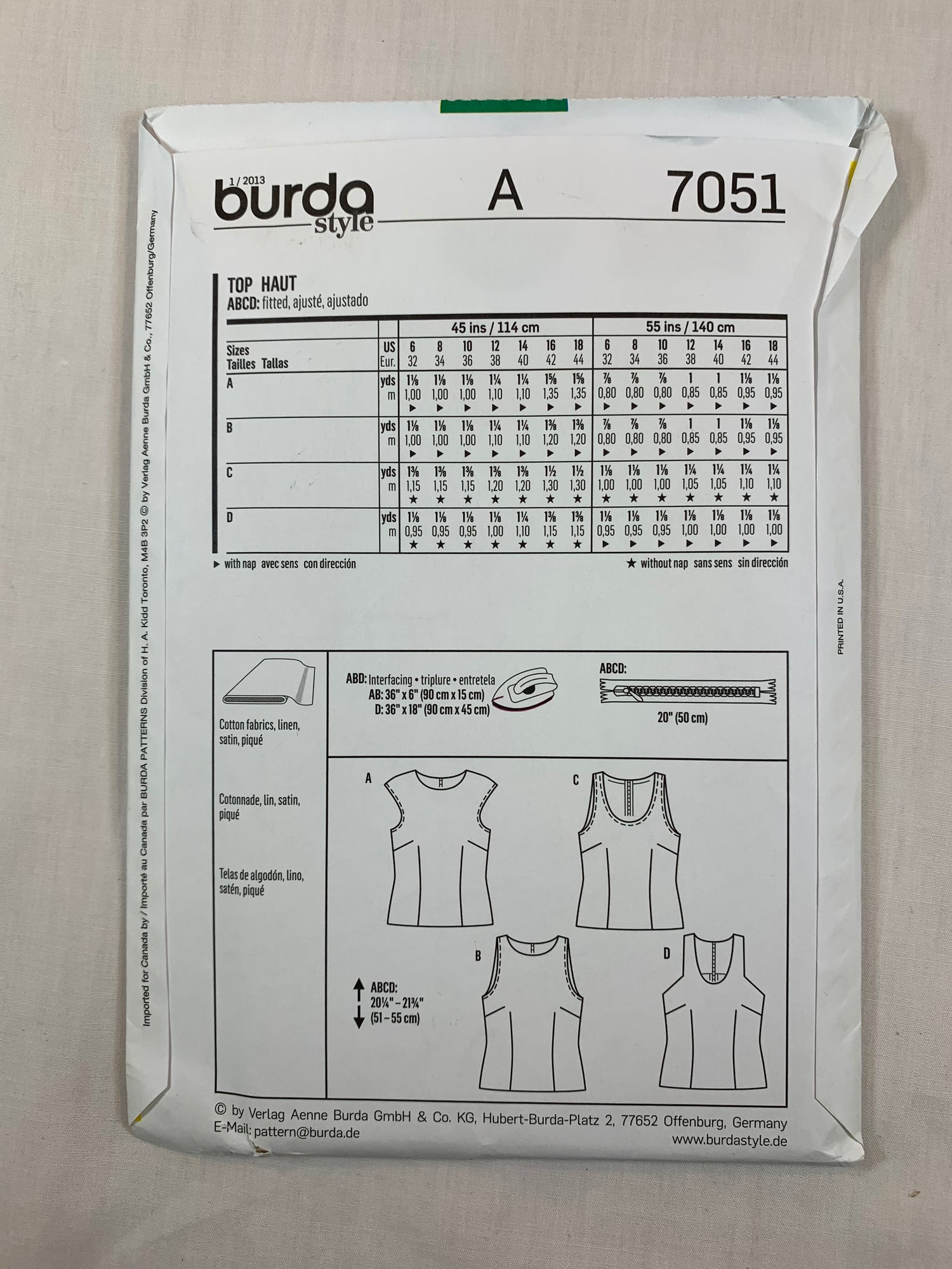 Burda Sewing Pattern 7051 Misses' Tops, Sleeveless, Zipper Back, Darts, 4 Variations, Size 6-18, Uncut, 2017