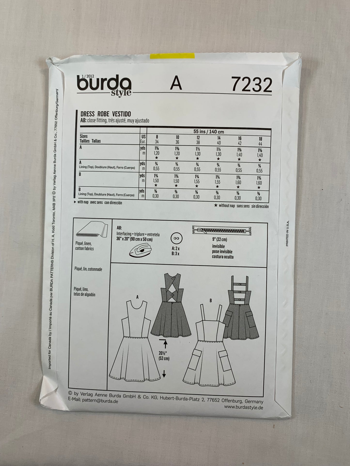 Burda Sewing Pattern 7232 Misses' Dress, Sleeveless, Shoulder Straps, Pockets, Close-Fitting, Zipper Back, Size 8-18, Uncut, 2016