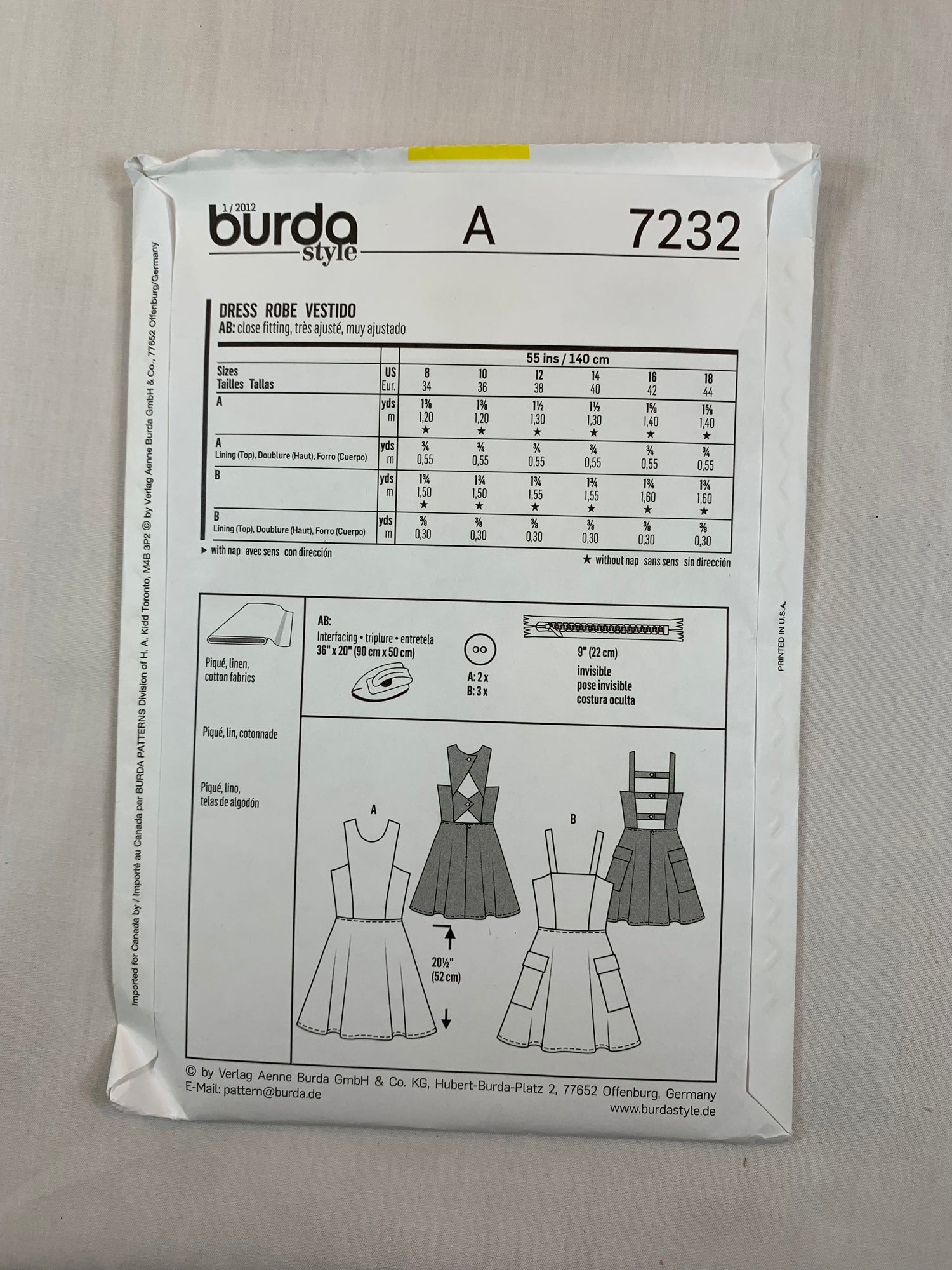 Burda Sewing Pattern 7232 Misses' Dress, Sleeveless, Shoulder Straps, Pockets, Close-Fitting, Zipper Back, Size 8-18, Uncut, 2016