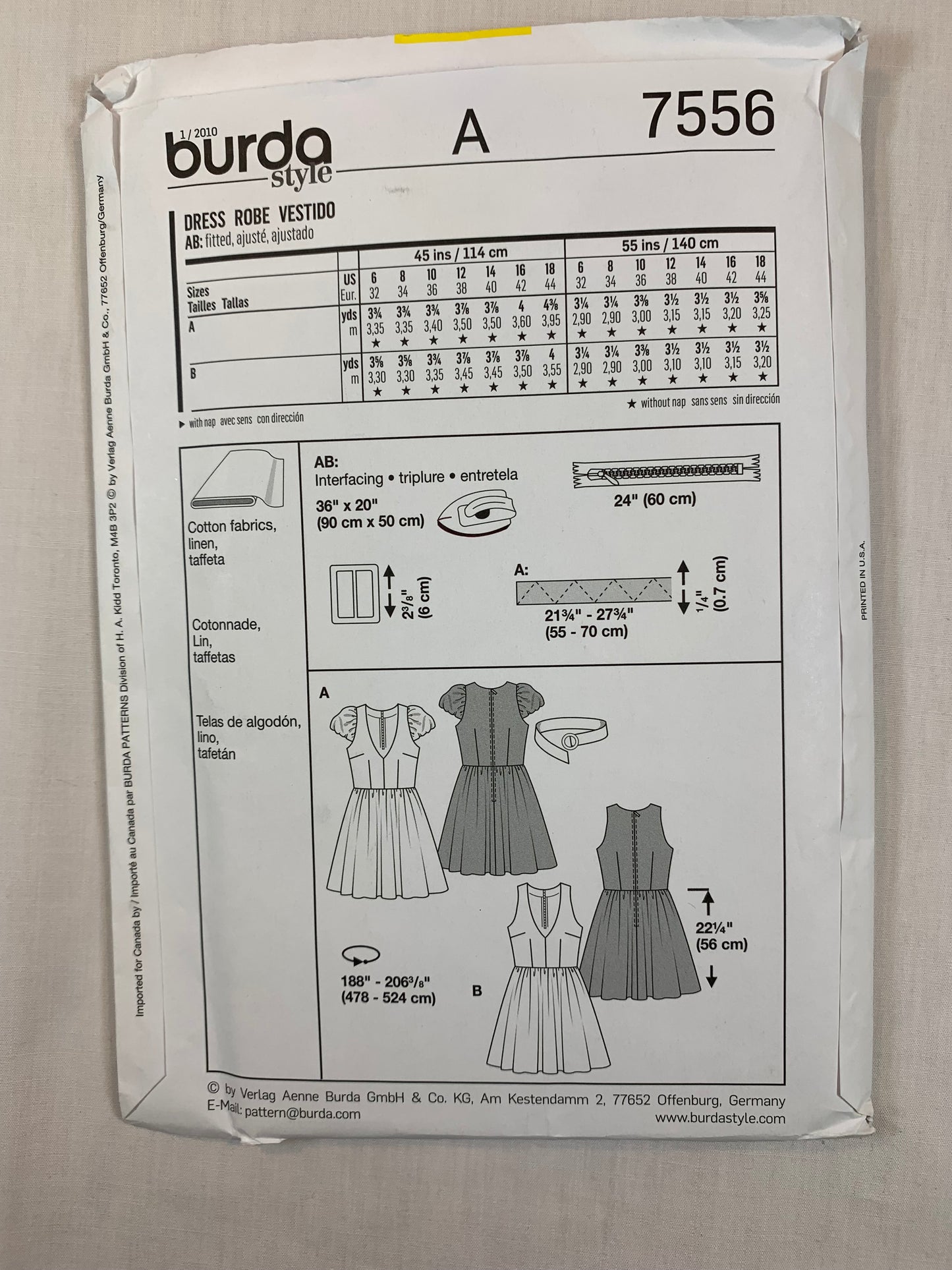 Burda Sewing Pattern 7556 Misses' Dress, Belt,Short Sleeves, Sleeveless, Flared Skirt, 2 Variations, Elastic Waist, Zipper Back, Size 6-18, Uncut, 2015