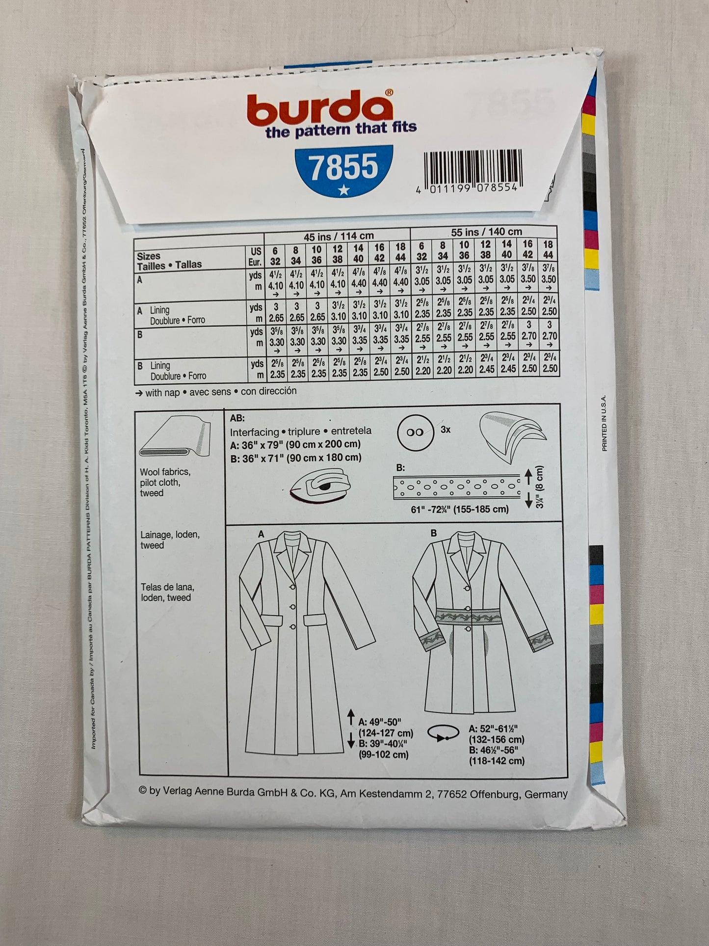 Burda Sewing Pattern 7855 Misses' Coat, Jacket, Semi-Fitted Button Front, Two Lengths, 2 Variations, Collar, Size 6-18, Uncut, Vintage 1980's