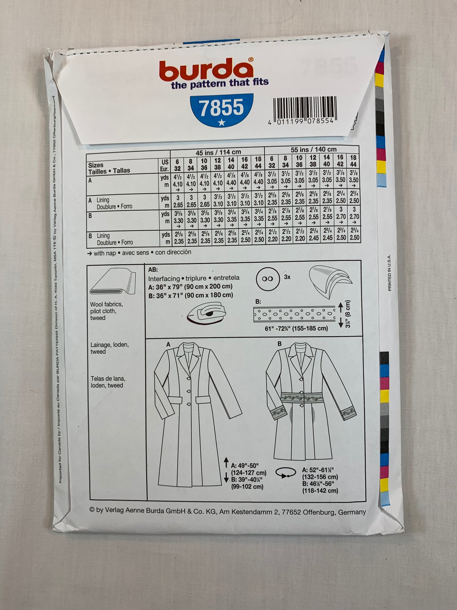 Burda Sewing Pattern 7855 Misses' Coat, Jacket, Semi-Fitted Button Front, Two Lengths, 2 Variations, Collar, Size 6-18, Uncut, Vintage 1980's