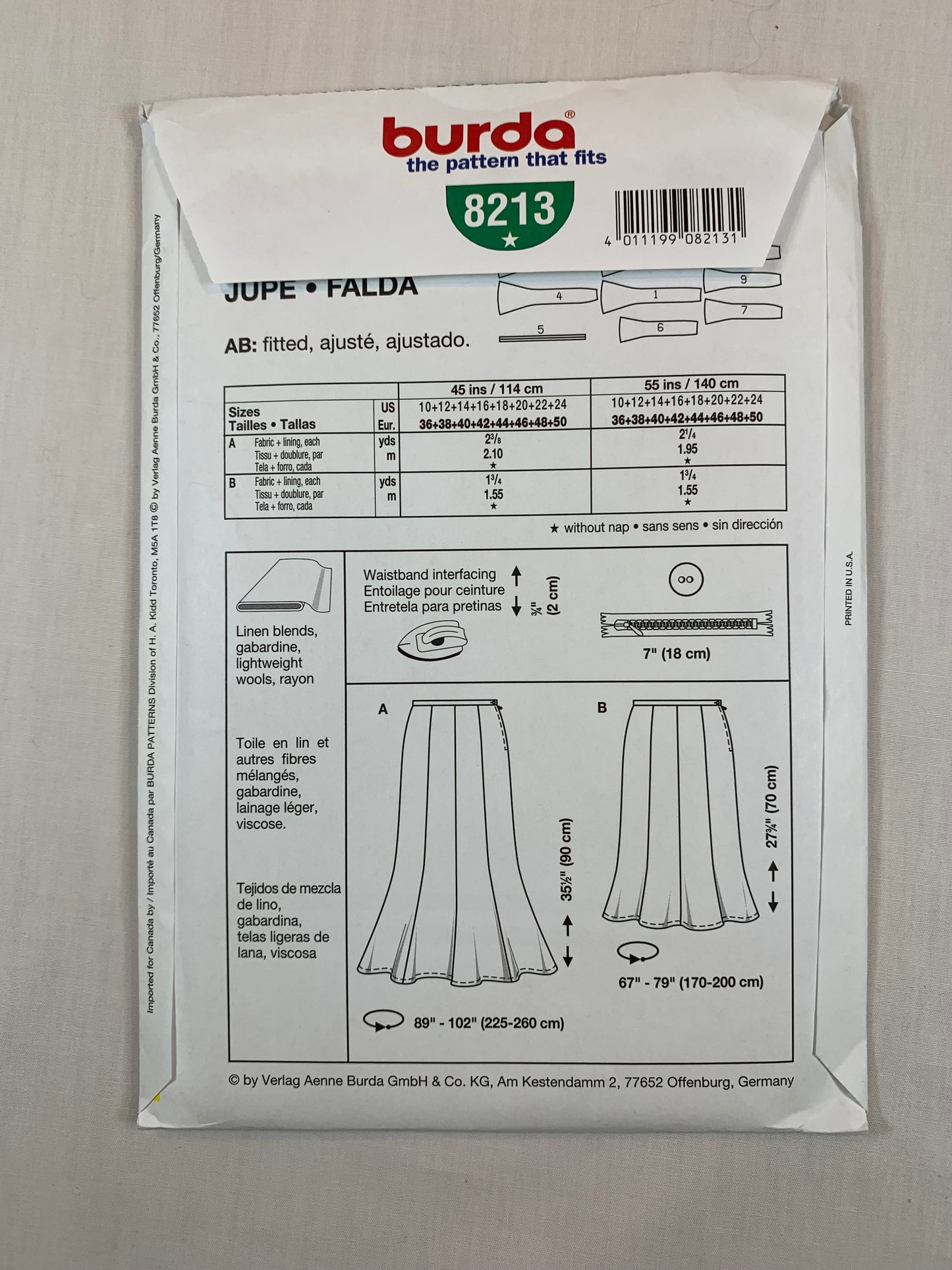 Burda Sewing Pattern 8213 Misses' Skirt, Side Zipper, Fitted, Pleats, Size 10-24, Uncut, 2003