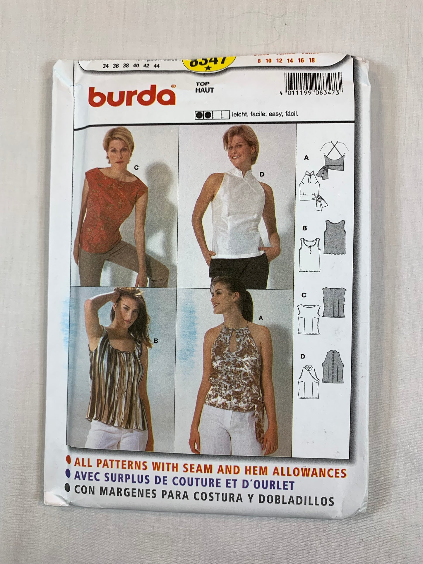 Burda Sewing Pattern 8347 Misses' Tops, 4 Variations, Sleeveless, Fitted, Halter, Darts, Size 8-18, Uncut, 2017