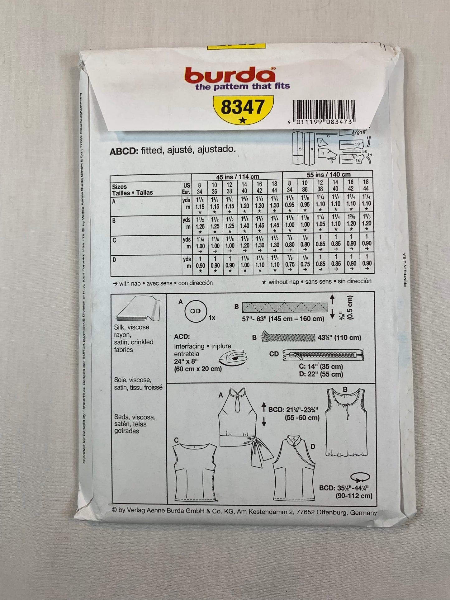 Burda Sewing Pattern 8347 Misses' Tops, 4 Variations, Sleeveless, Fitted, Halter, Darts, Size 8-18, Uncut, 2017