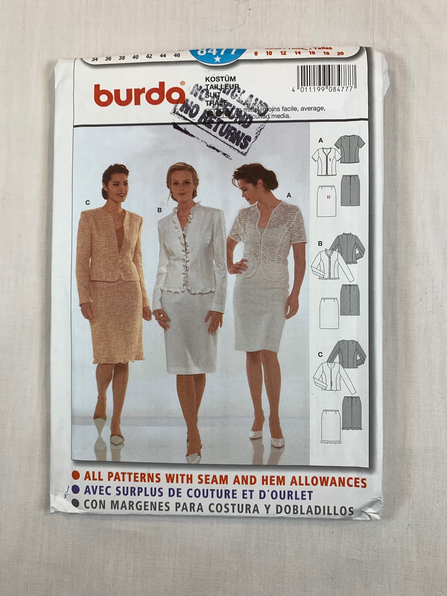 Burda Sewing Pattern 8477 Misses' Skirt, Top, Jacket, Suit, |Button Front, Zipper Back, Size 8-20, Uncut, 2001