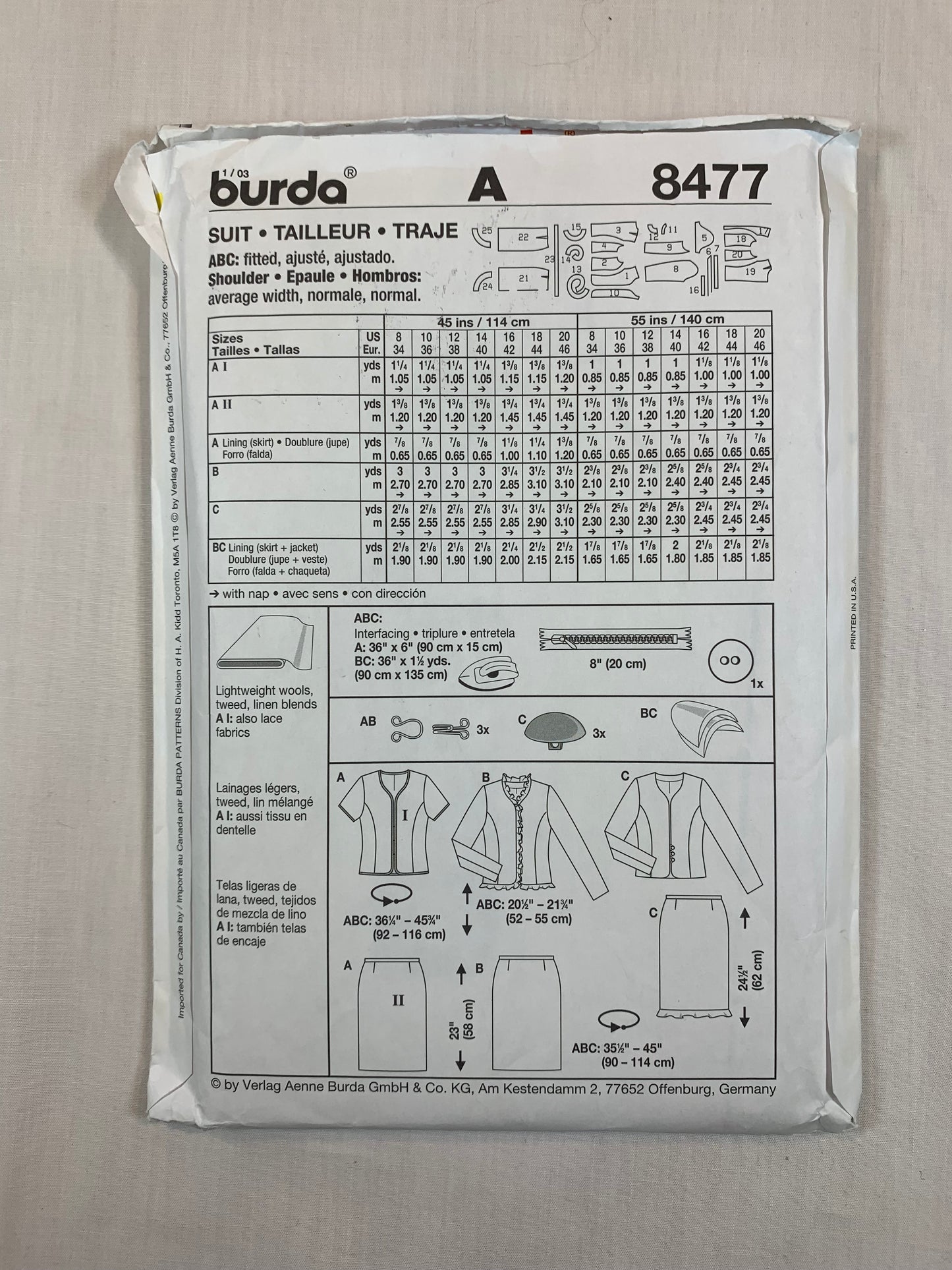 Burda Sewing Pattern 8477 Misses' Skirt, Top, Jacket, Suit, |Button Front, Zipper Back, Size 8-20, Uncut, 2001