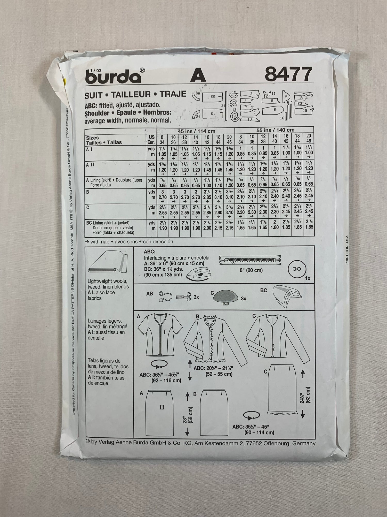 Burda Sewing Pattern 8477 Misses' Skirt, Top, Jacket, Suit, |Button Front, Zipper Back, Size 8-20, Uncut, 2001