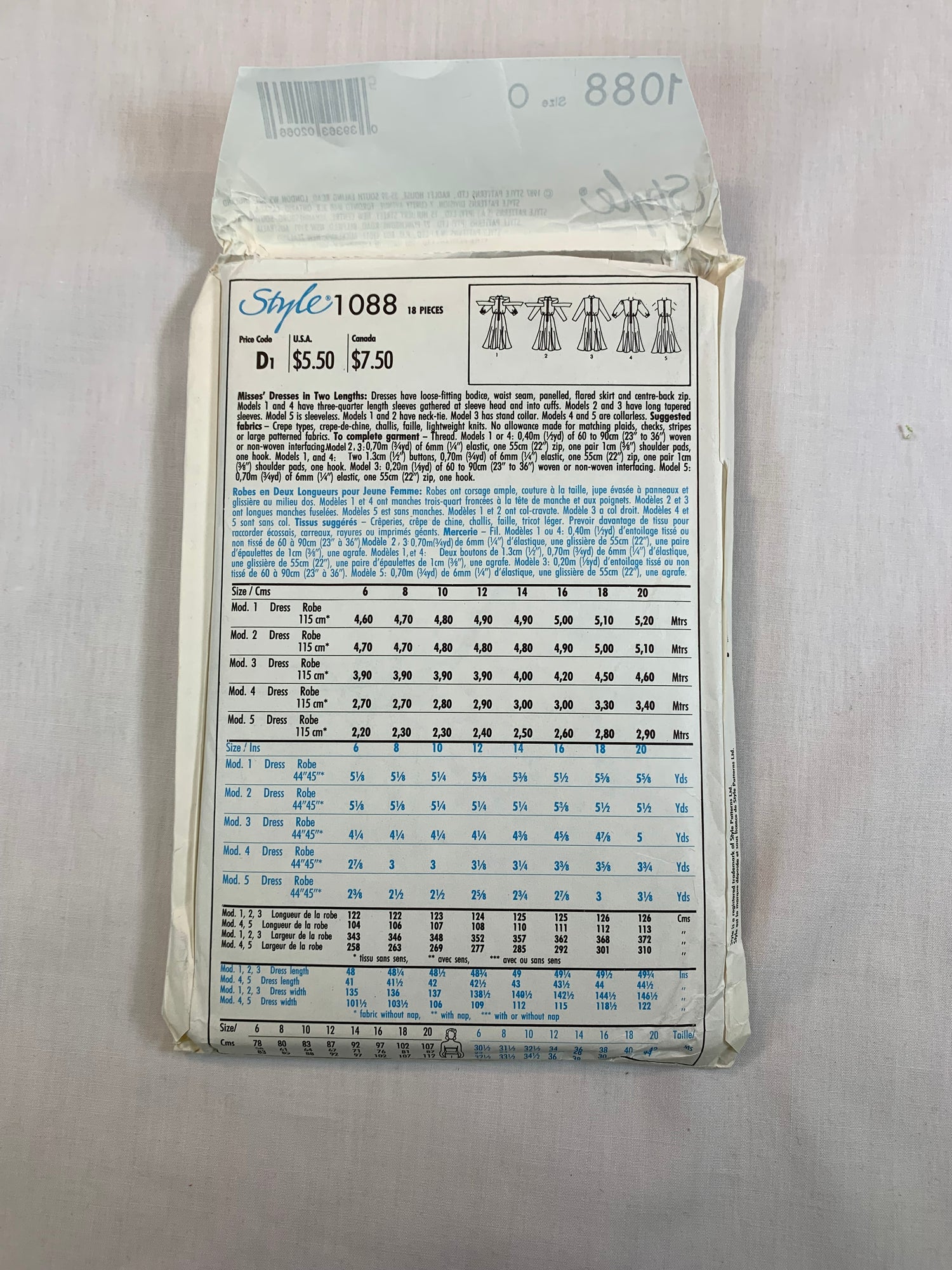 Style 1088 Misses' Dress, Size 12-16, Uncut, Vintage 1987