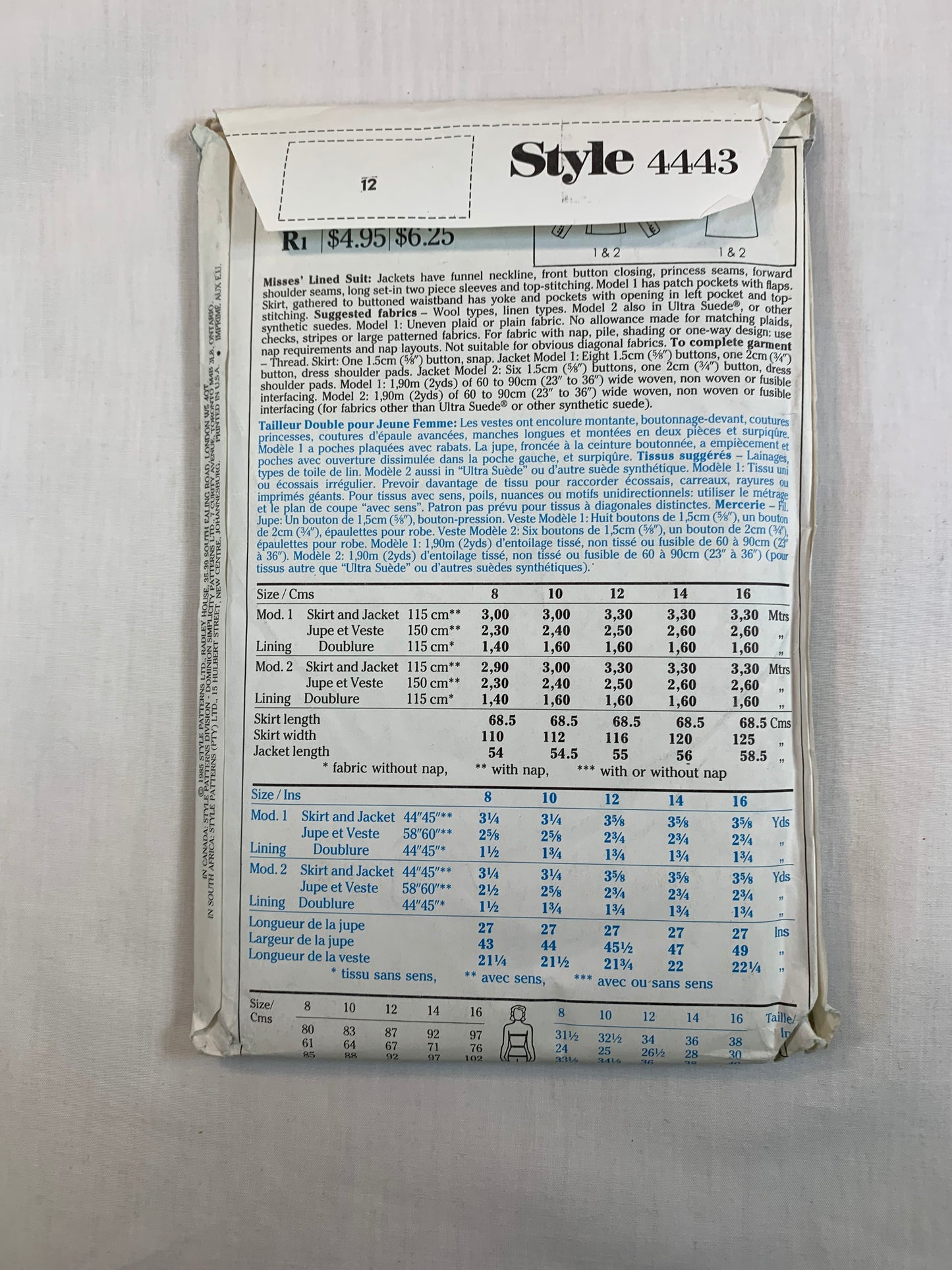 Style 4443 Misses' Lined Suit, Jacket, Skirt, Size 12,Uncut, Vintage 1985