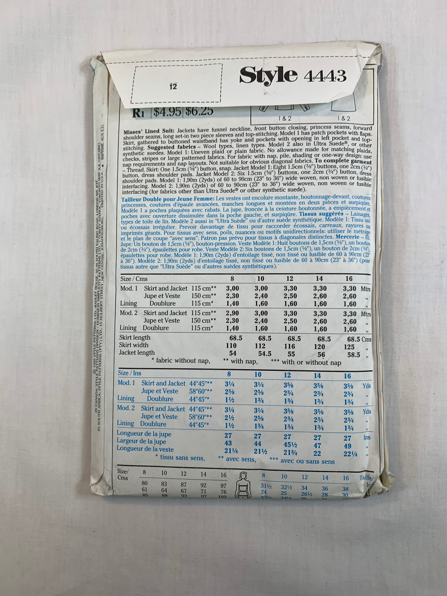 Style 4443 Misses' Lined Suit, Jacket, Skirt, Size 12,Uncut, Vintage 1985