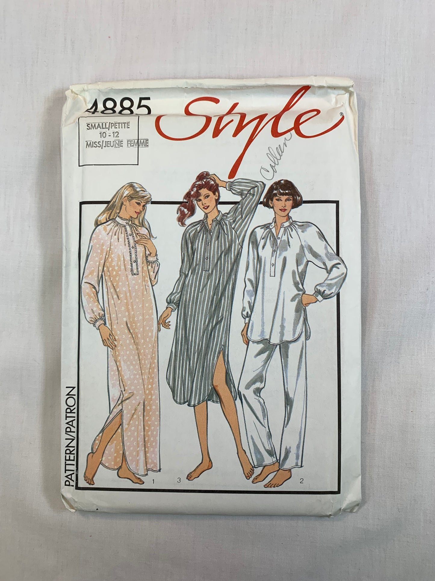 Style 4885 Misses' Nightgown, Nightshirt, Pajamas, Top, Pants, Size 10-12, Uncut, Vintage 1986