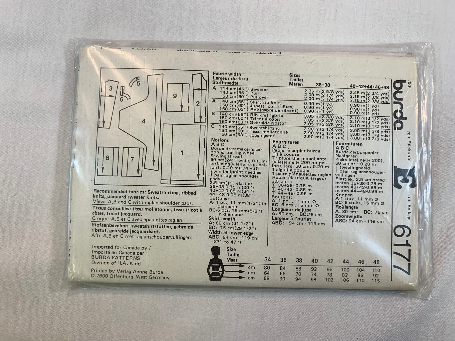 Burda Sewing Pattern 6177 Misses' Top, Skirt, Elastic Waist, Loose-Fitting, 3 Variations, Size 10-40, Uncut, Vintage 1989