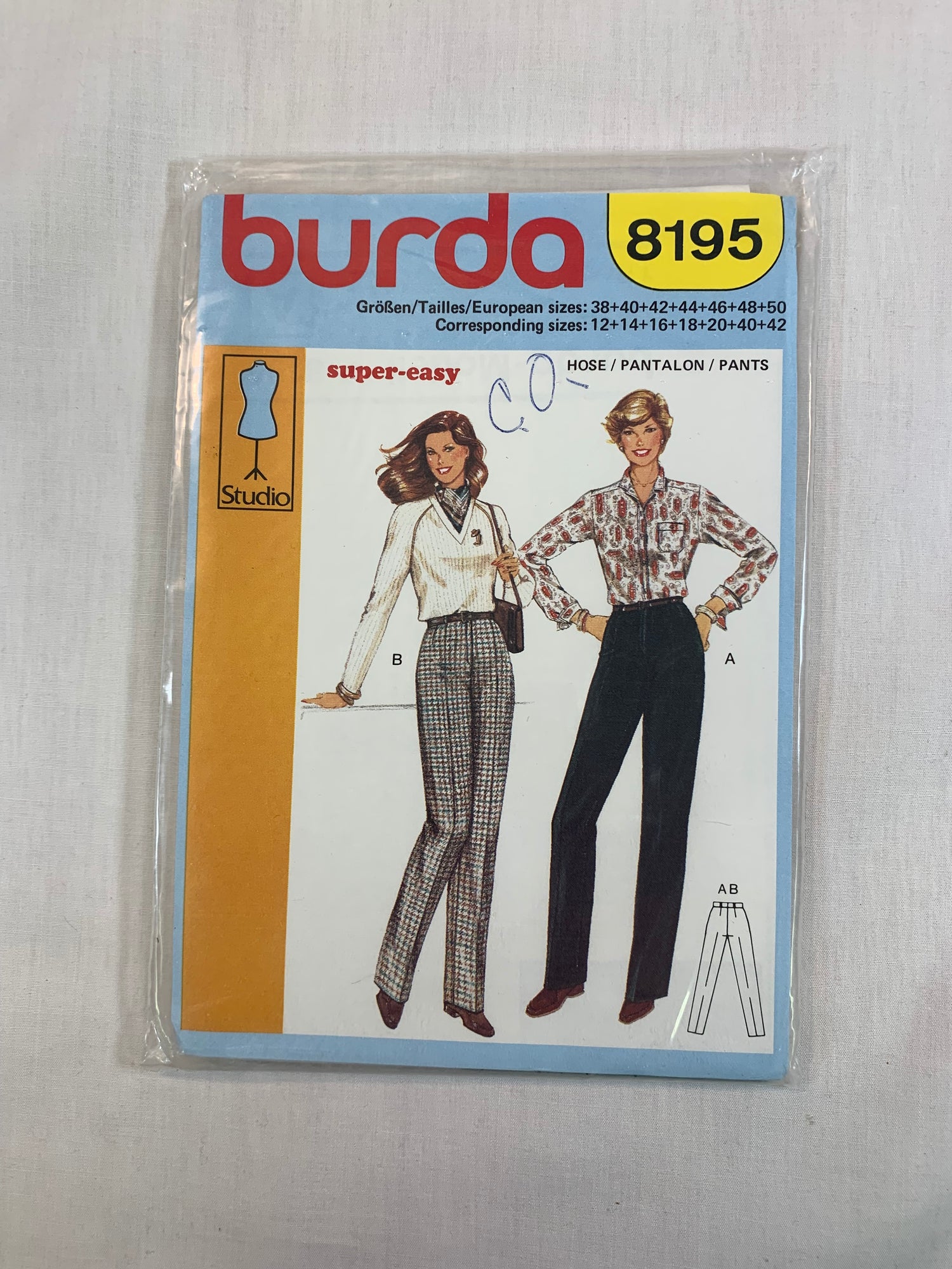 Burda Sewing Pattern 8195 Misses' Pants, Zipper Front, Belt Loops, Straight Leg, Size 12-42, Uncut, 2000