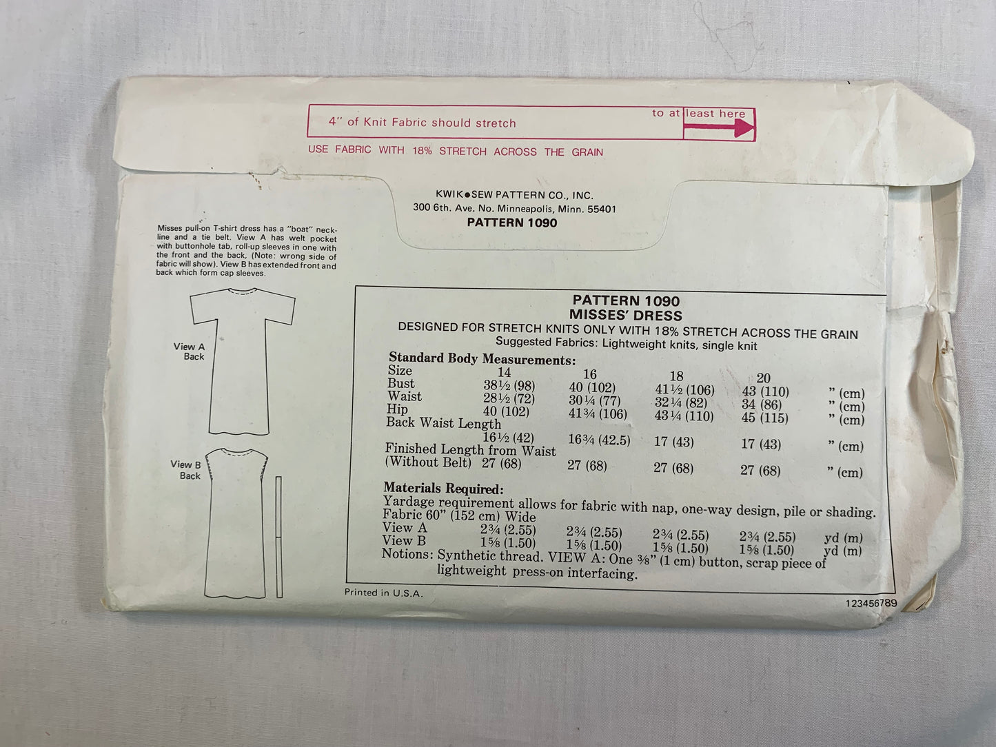 KWIK 1090 Misses' T-Shirt Dresses, Size 14-20, Uncut
