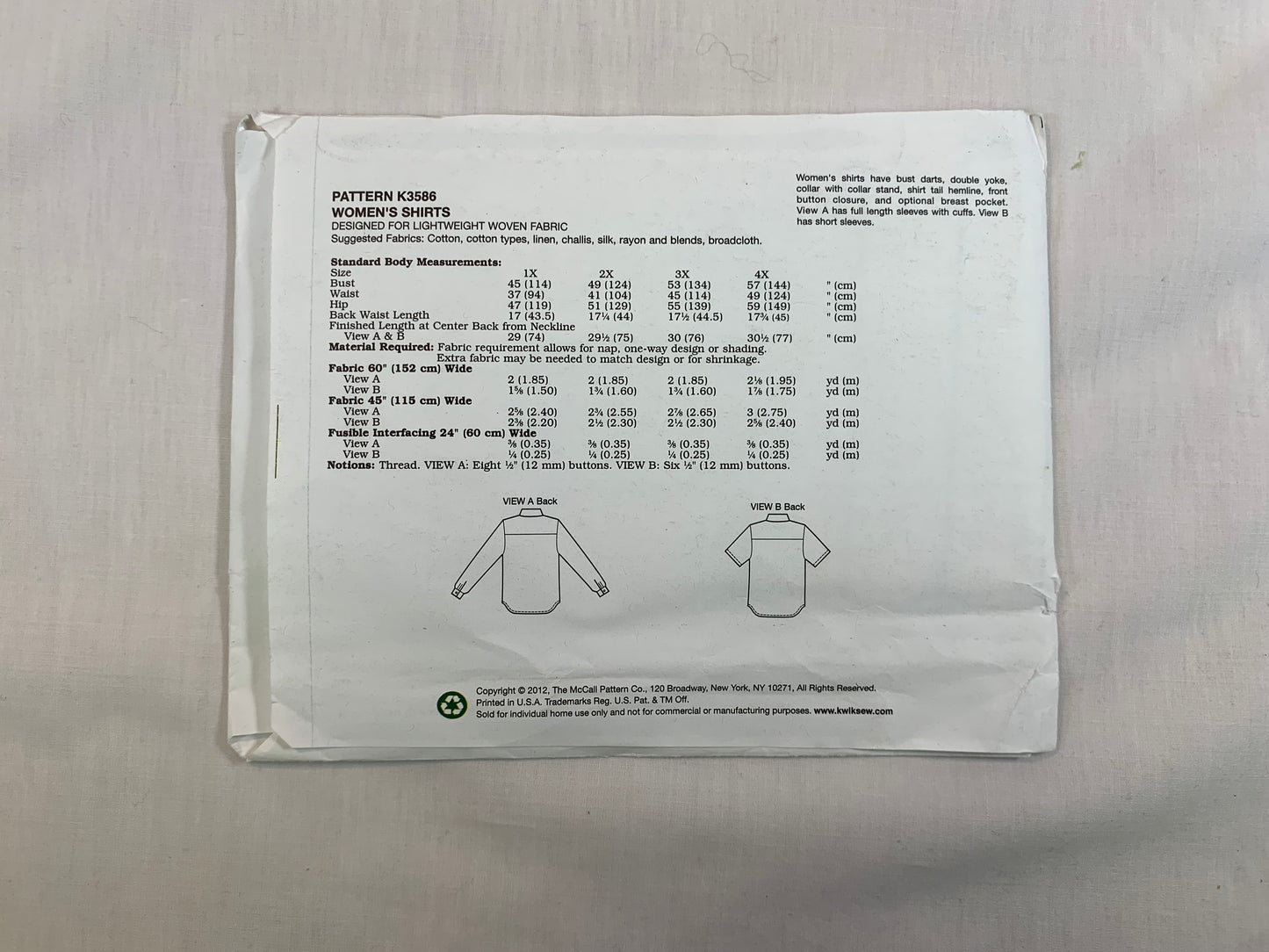 KWIK K3586 Misses' Shirts, Tops, Size 1X-4X, Uncut, 2012