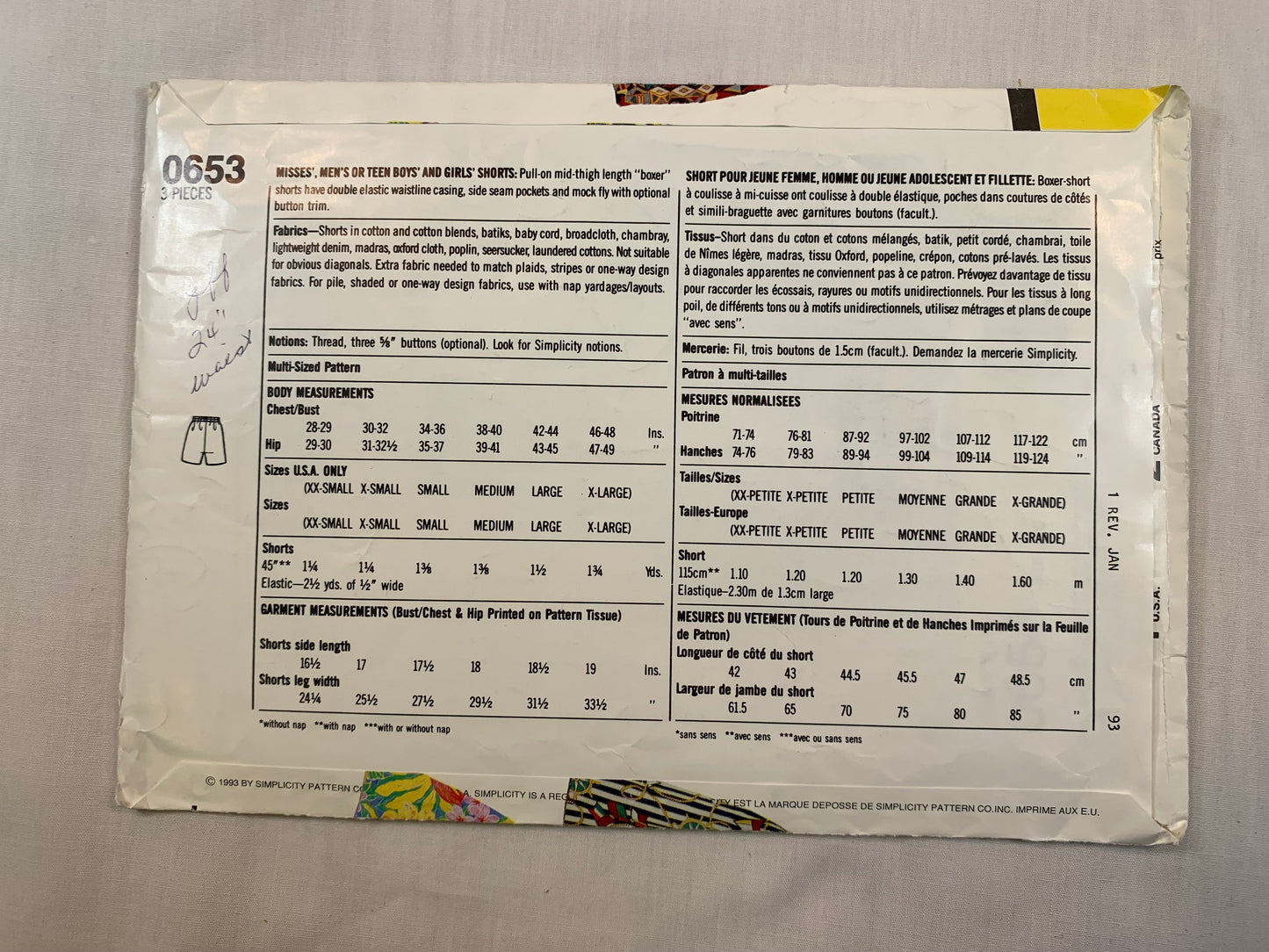 Simplicity Sewing Pattern 0653 Misses', Men's, Teen Boys', Girls' Shorts, Size XXS-L, Cut, Vintage 1993