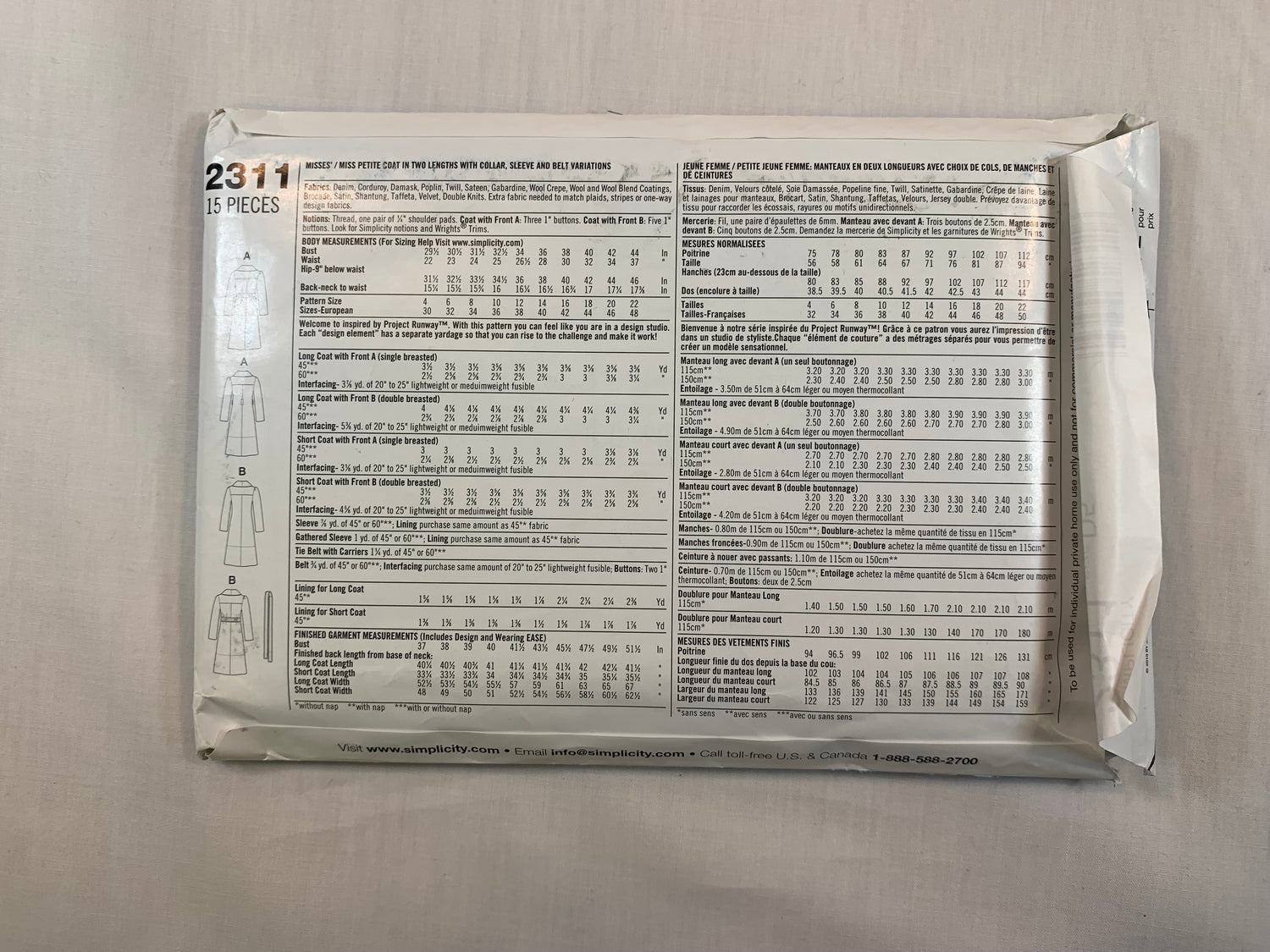 Simplicity Sewing Pattern 2311 Project Runway, Misses'/Misses' Petite Coats, Two Lengths, Collar, Sleeve Variations, Belt, Size 4-12, Uncut, 2010