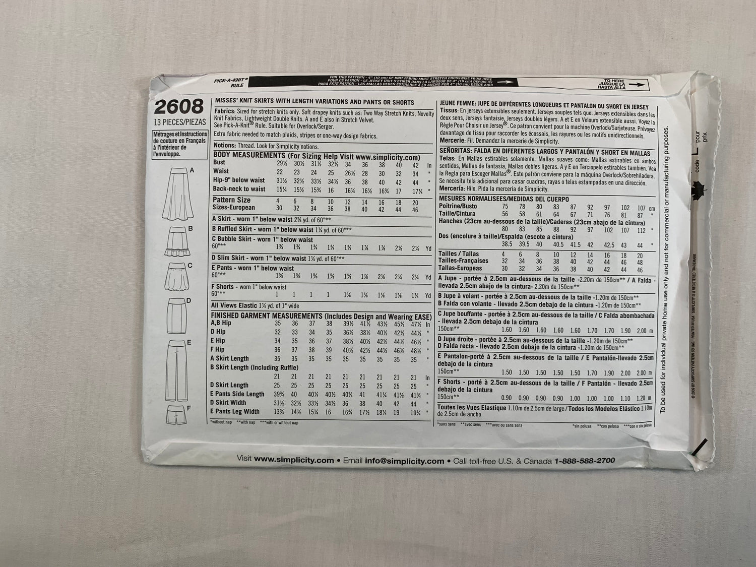 Simplicity Sewing Pattern 2608 Misses' Knit Skirts, Pants, Shorts, 6 Variations, Size 4-12, Uncut, 2009