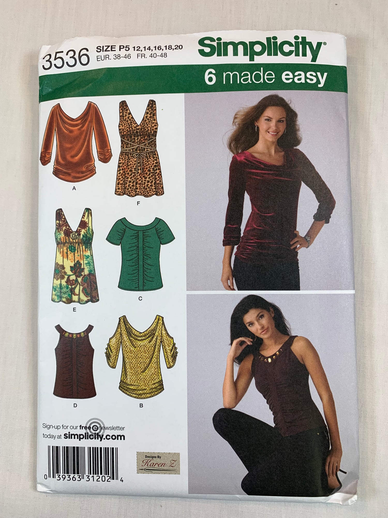 Simplicity Sewing Pattern 3536 Misses' Top, Shirt, 6 Variations, Sleeveless, Size 12-20, Uncut, 2009