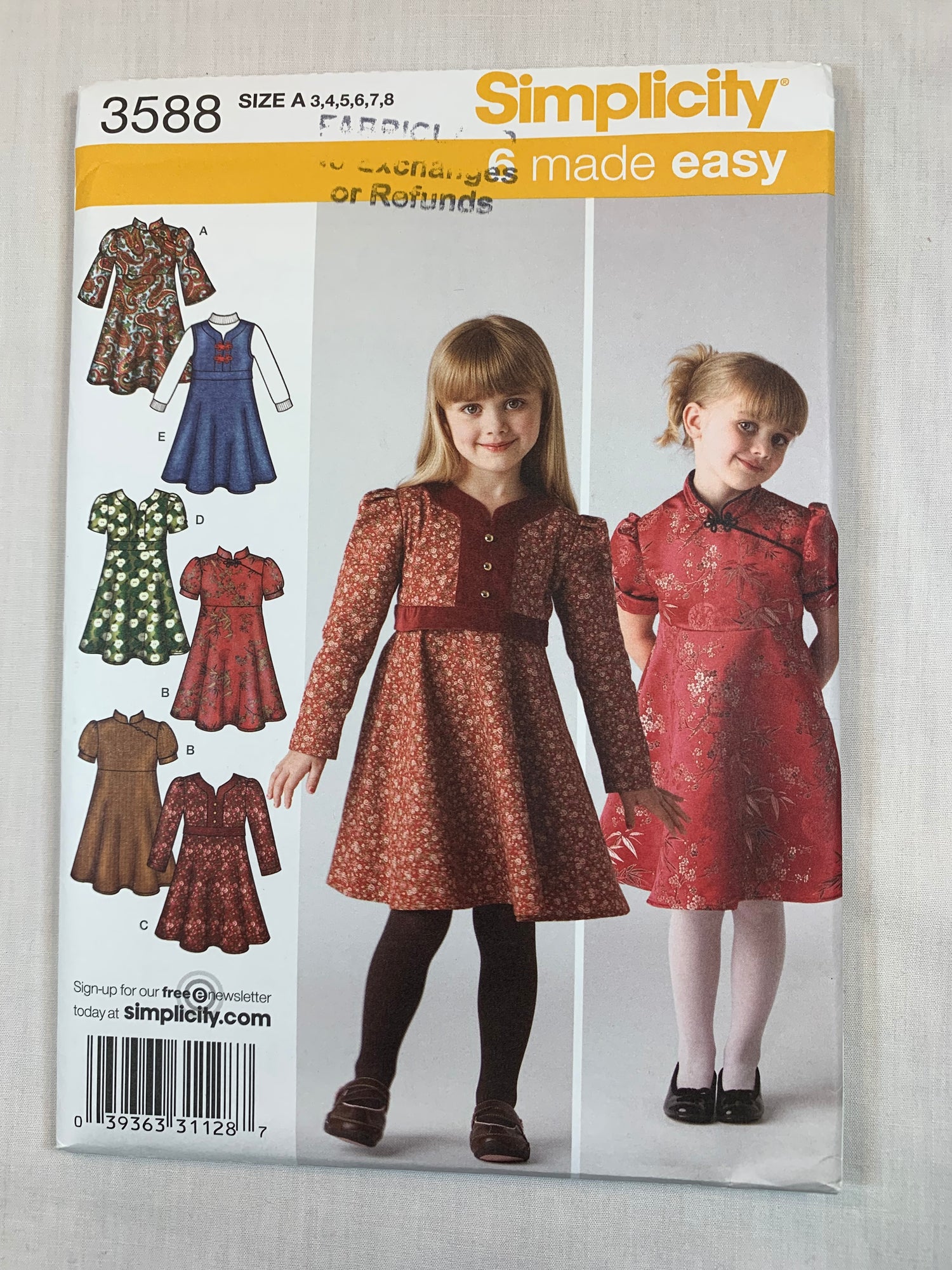 Simplicity Sewing Pattern 3588 Girls' Dress, Jumper, Long/Short Sleeves, 6 Variations, Flared Skirt, Size 3-8, Uncut, 2007