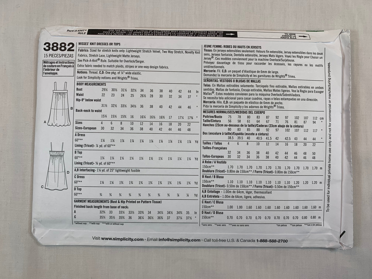 Simplicity Sewing Pattern 3882 Misses' Knit Dresses, Top, Sleeveless, Shoulder Straps, Size 4-12, Uncut, 2007