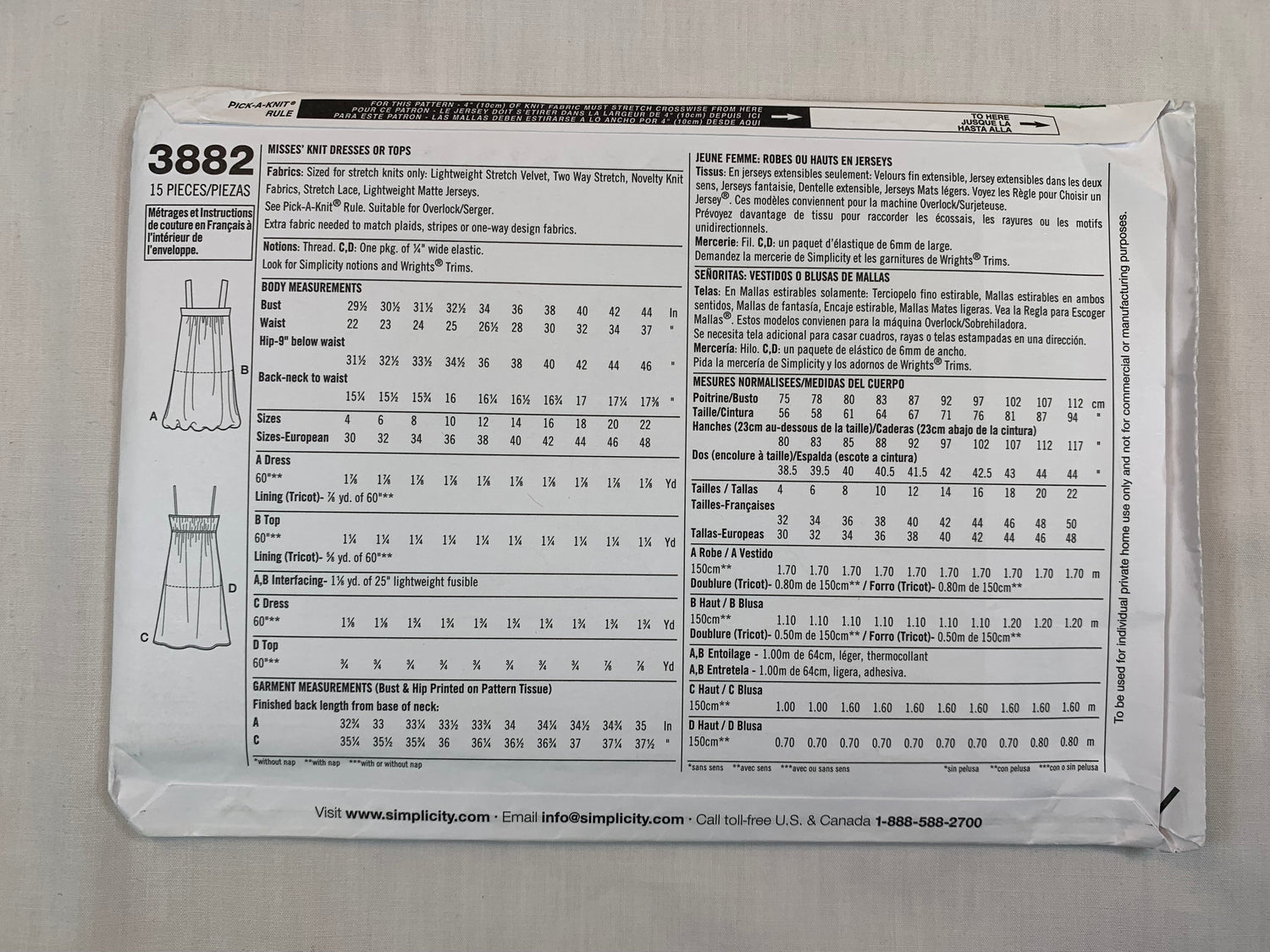 Simplicity Sewing Pattern 3882 Misses' Knit Dresses, Top, Shoulder Straps, Size 4-12, Uncut, 2007