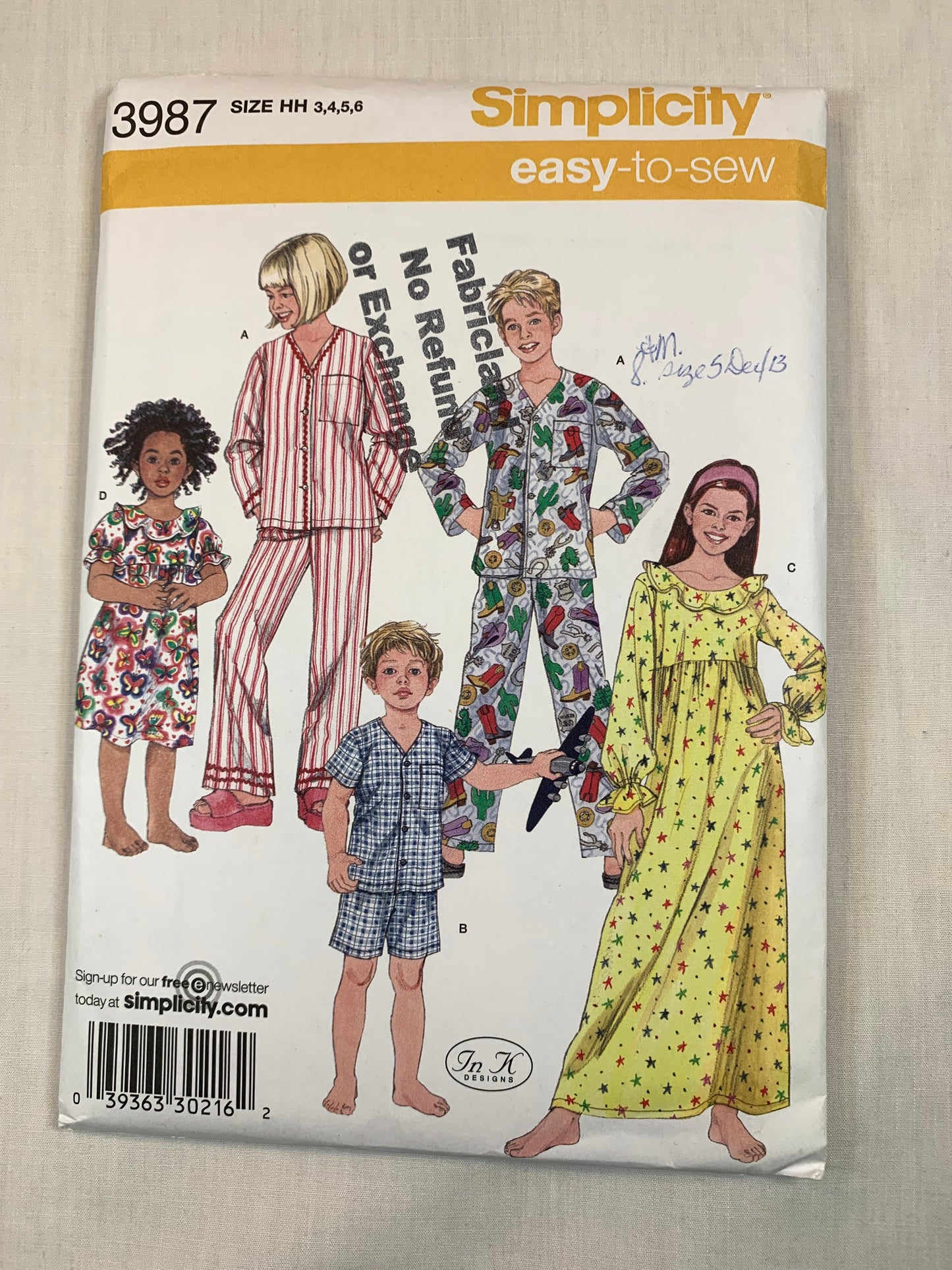 Simplicity Sewing Pattern 3987 Boys' Girls' Pajamas, Loungewear, Tops, Pants, Nightgown, Shorts, Size 3-5, Cut, 2006