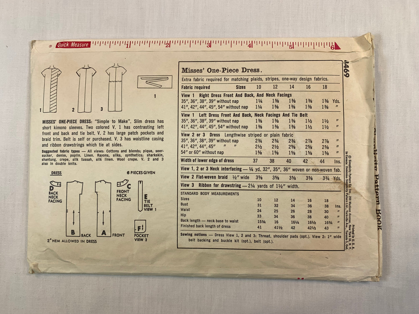 Simplicity 4469 Misses' Dress, Size 14, Cut, Vintage 1960