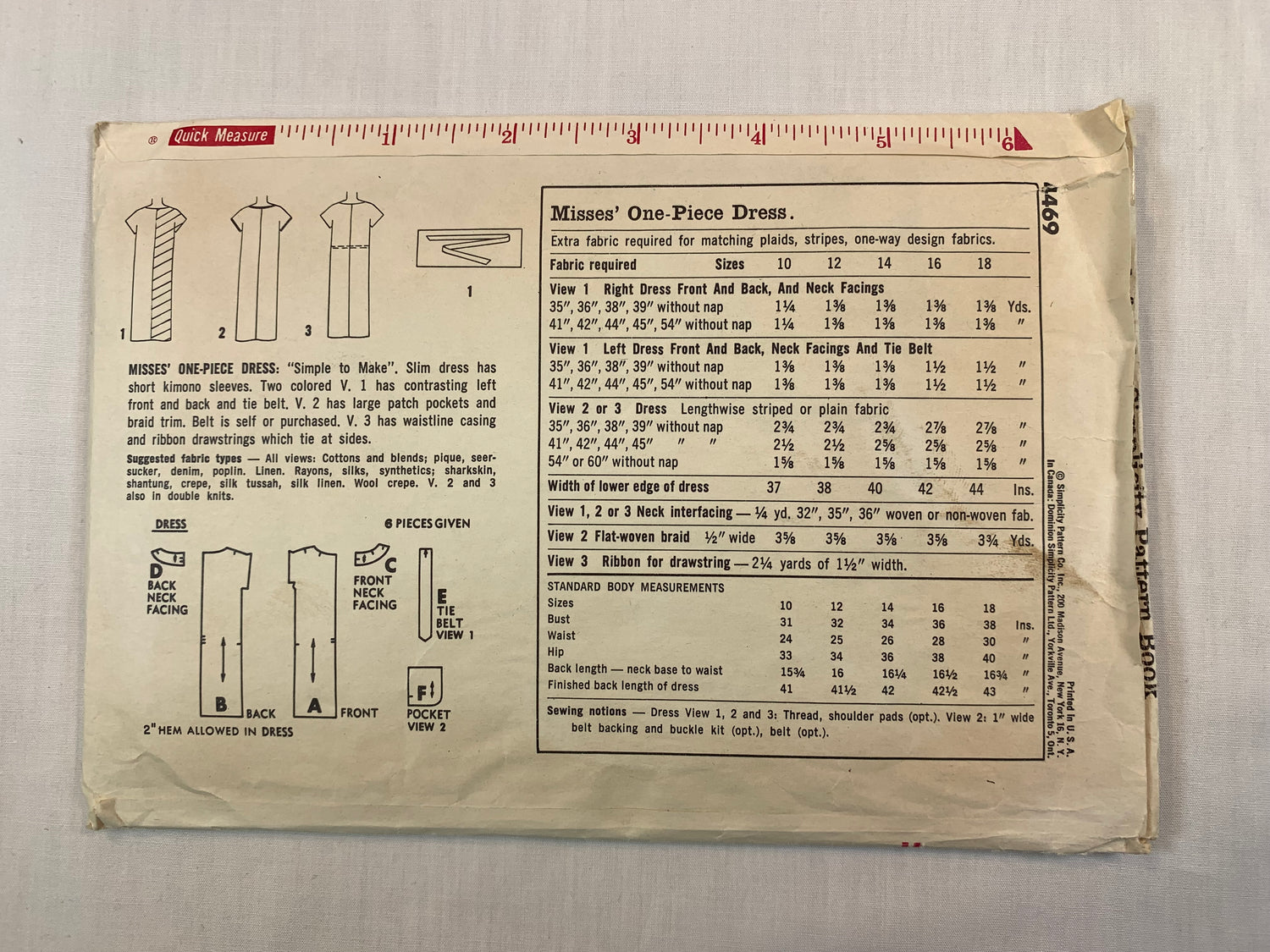 Simplicity 4469 Misses' Dress, Size 14, Cut, Vintage 1960
