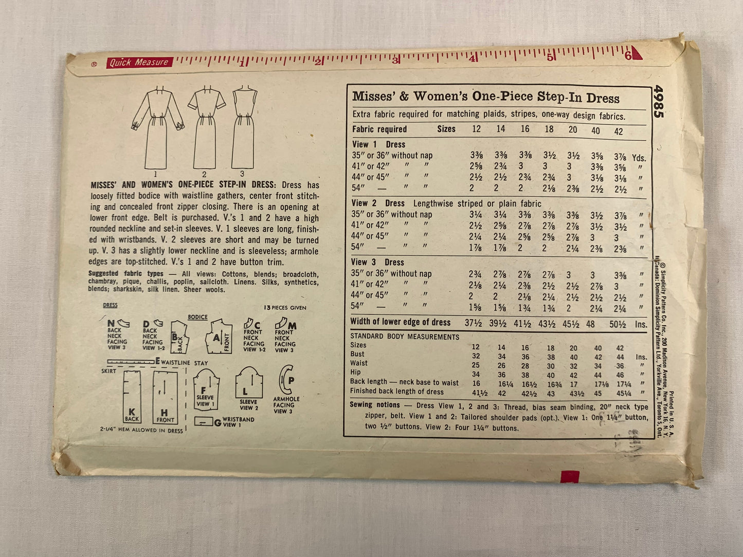 Simplicity 4985 Misses' Dress, Size 16, Cut, Vintage 1960