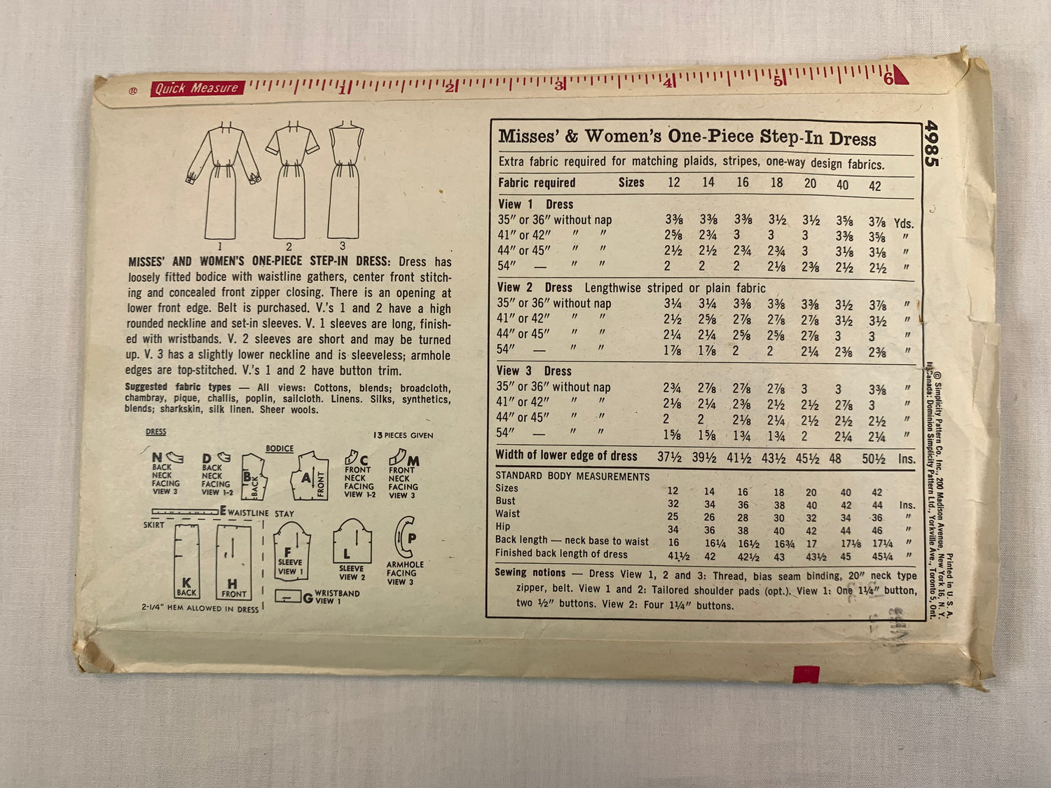 Simplicity 4985 Misses' Dress, Size 16, Cut, Vintage 1960