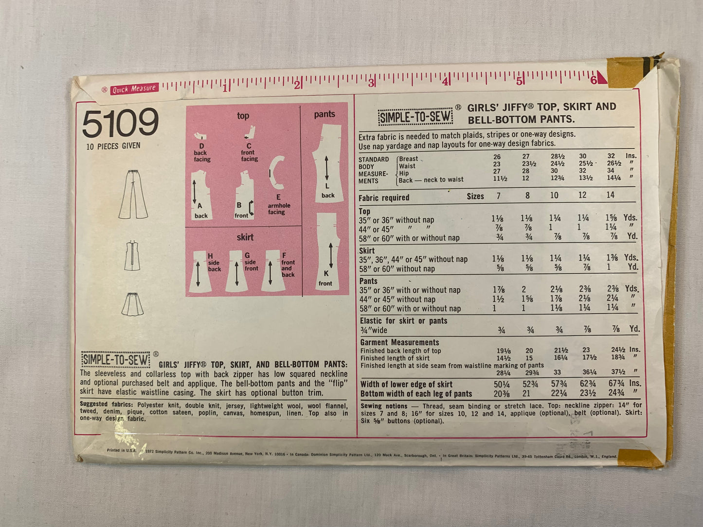Simplicity 5109 Jiffy Girls' Top, Skirts, Bell-Bottom Pants, Size 7, Cut, Vintage 1972