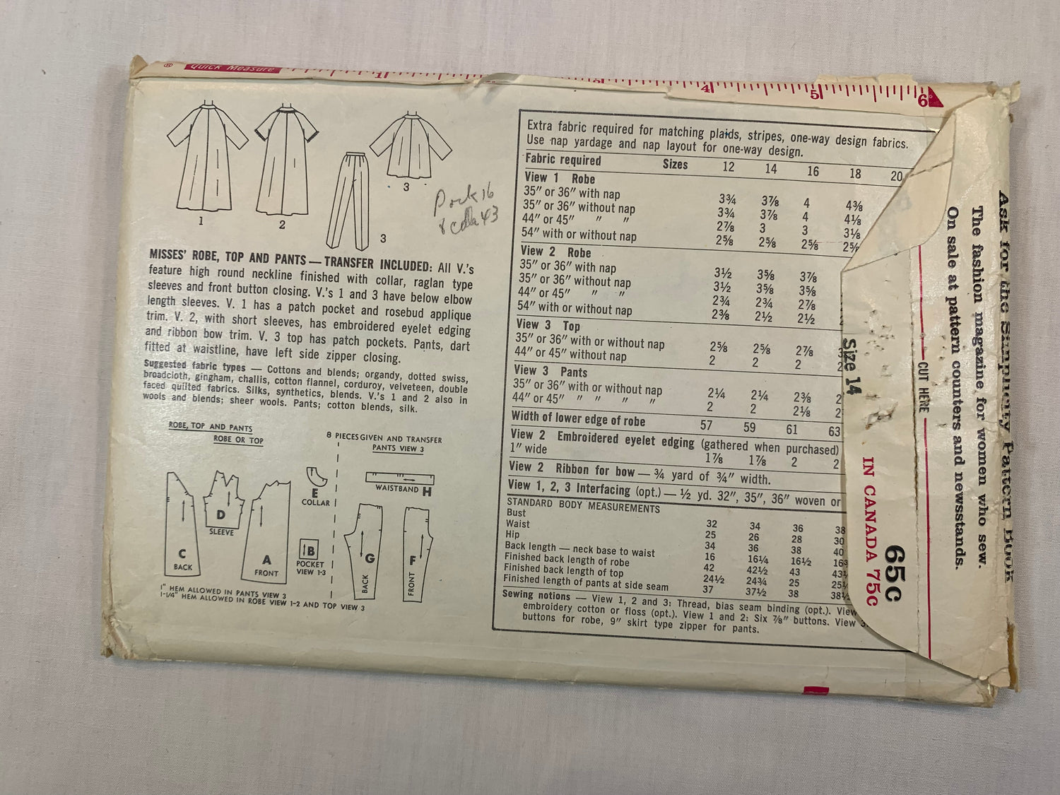 Simplicity 5205 Misses' Robe, Top, Pants, Pajamas, Size 14, Cut, Vintage 1960
