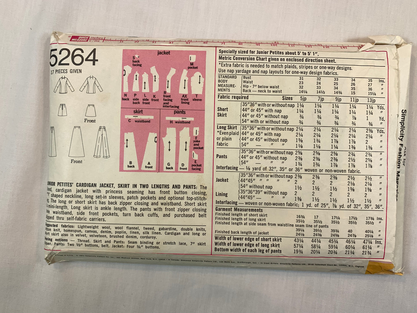 Simplicity 5264 Misses' Petites Cardigan Jacket, Skirt, Pants,, Size 13, Cut, Vintage 1972