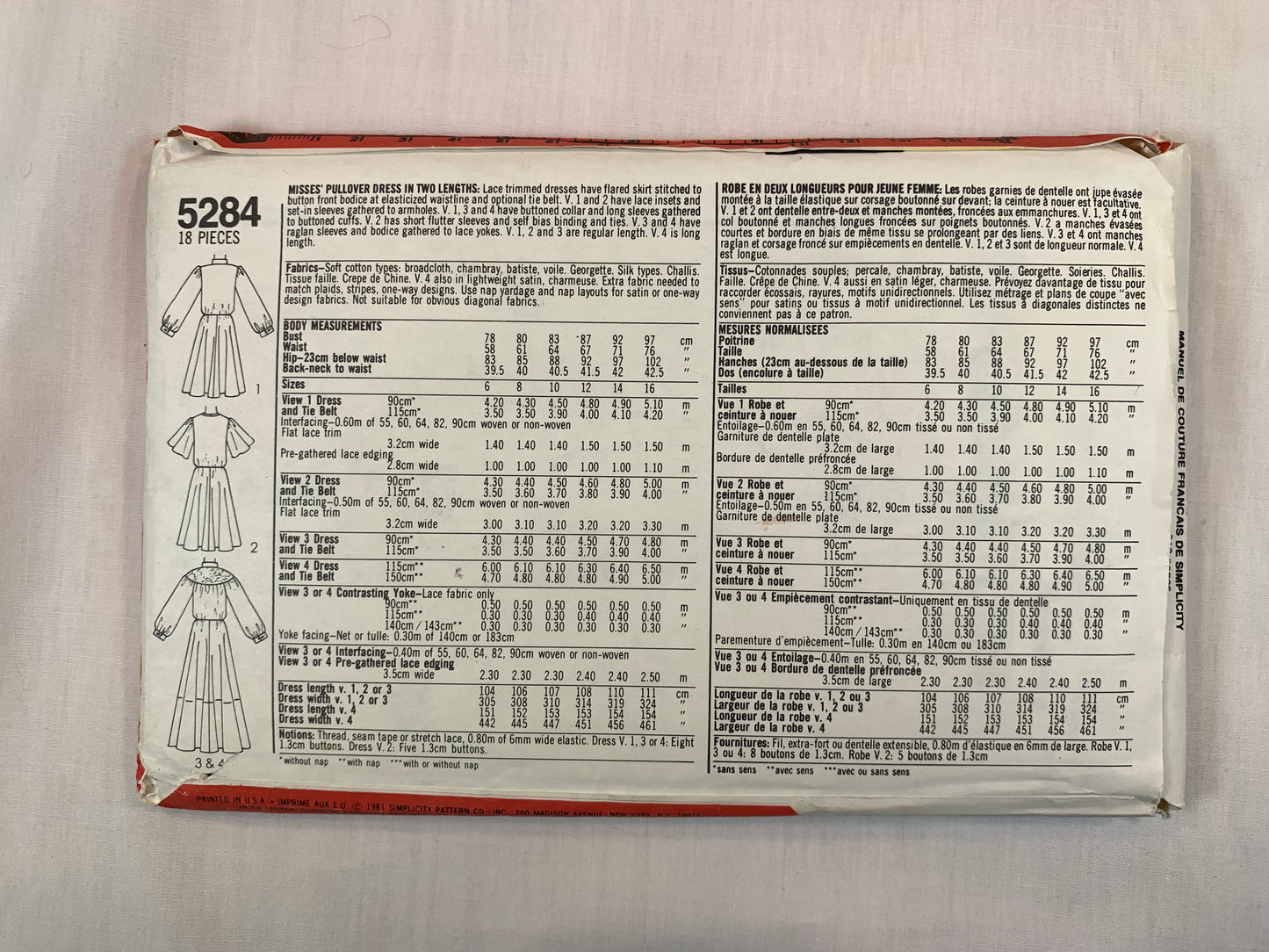 Simplicity 5284 Misses' Pullover Dresses, Size 6-8, Cut, Vintage 1981