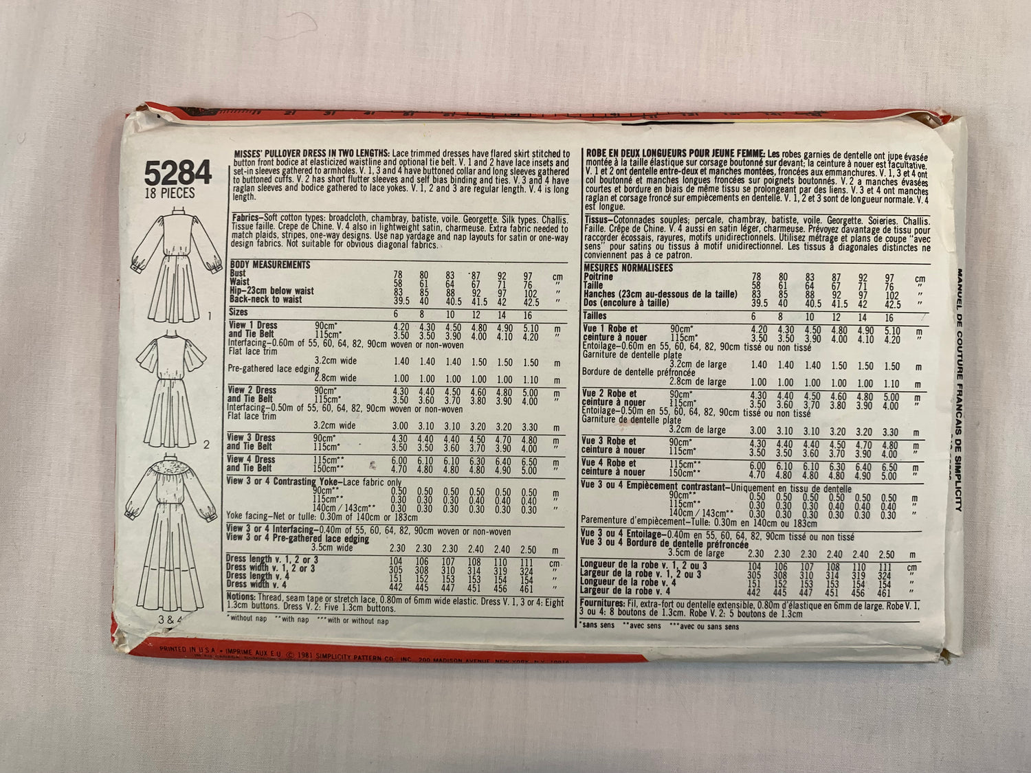 Simplicity 5284 Misses' Pullover Dresses, Size 6-8, Cut, Vintage 1981