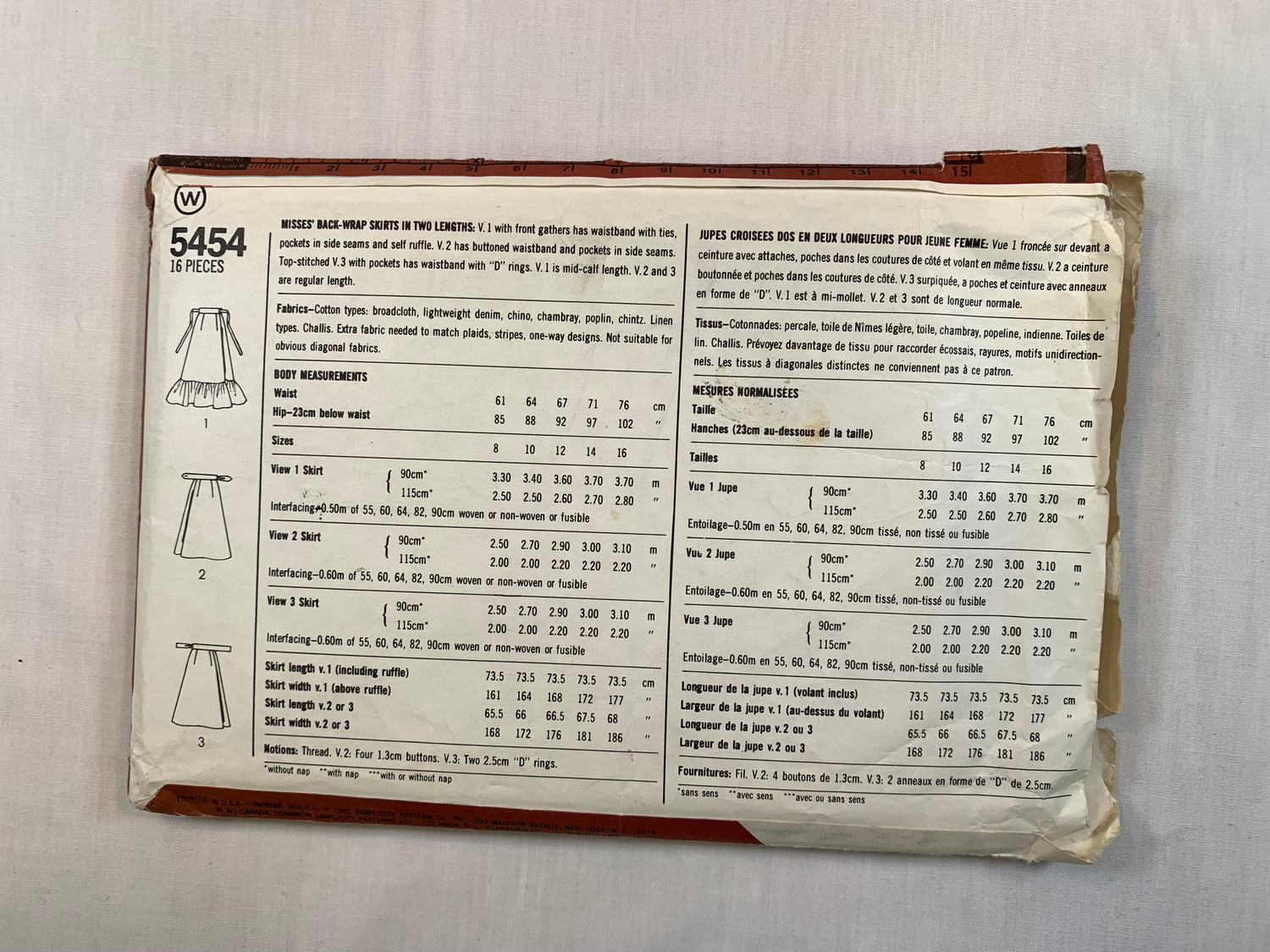 Simplicity 5454 Misses' Back Wrap Skirt, Size 10-14, Cut, Vintage 1982