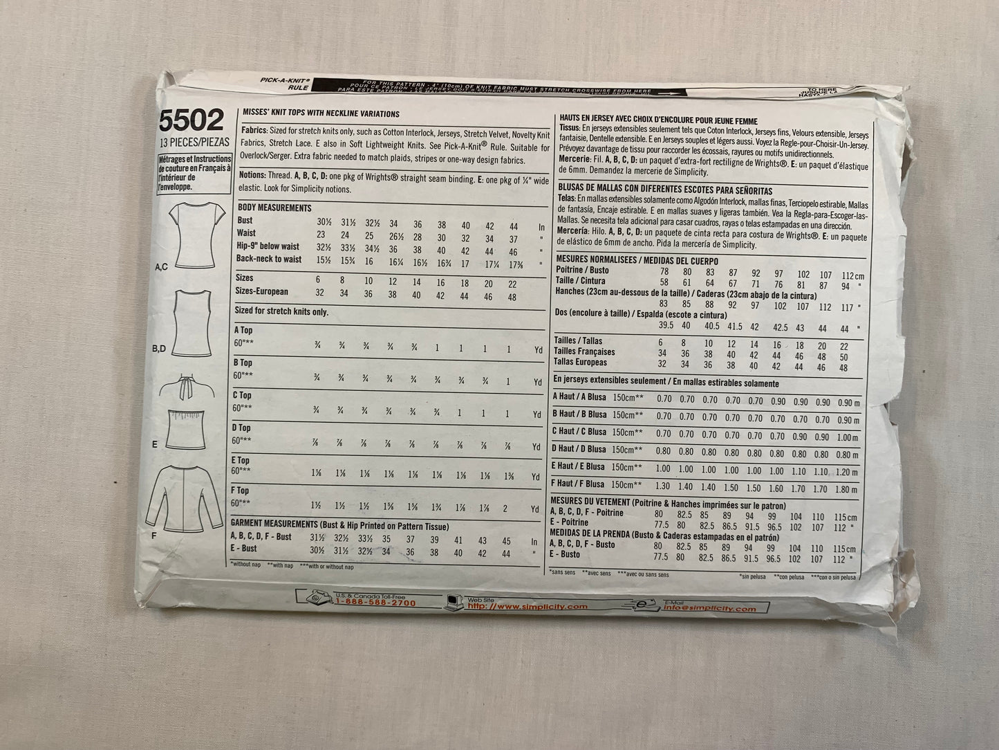 Simplicity 5502 Misses' Top, Shirt, Size 14-22, Cut