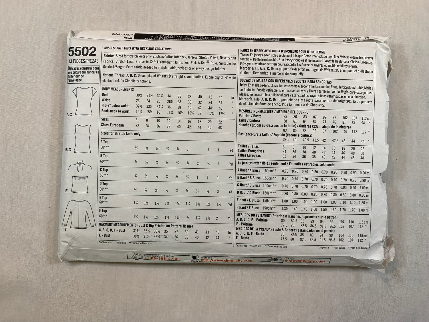 Simplicity 5502 Misses' Top, Shirt, Size 14-22, Cut