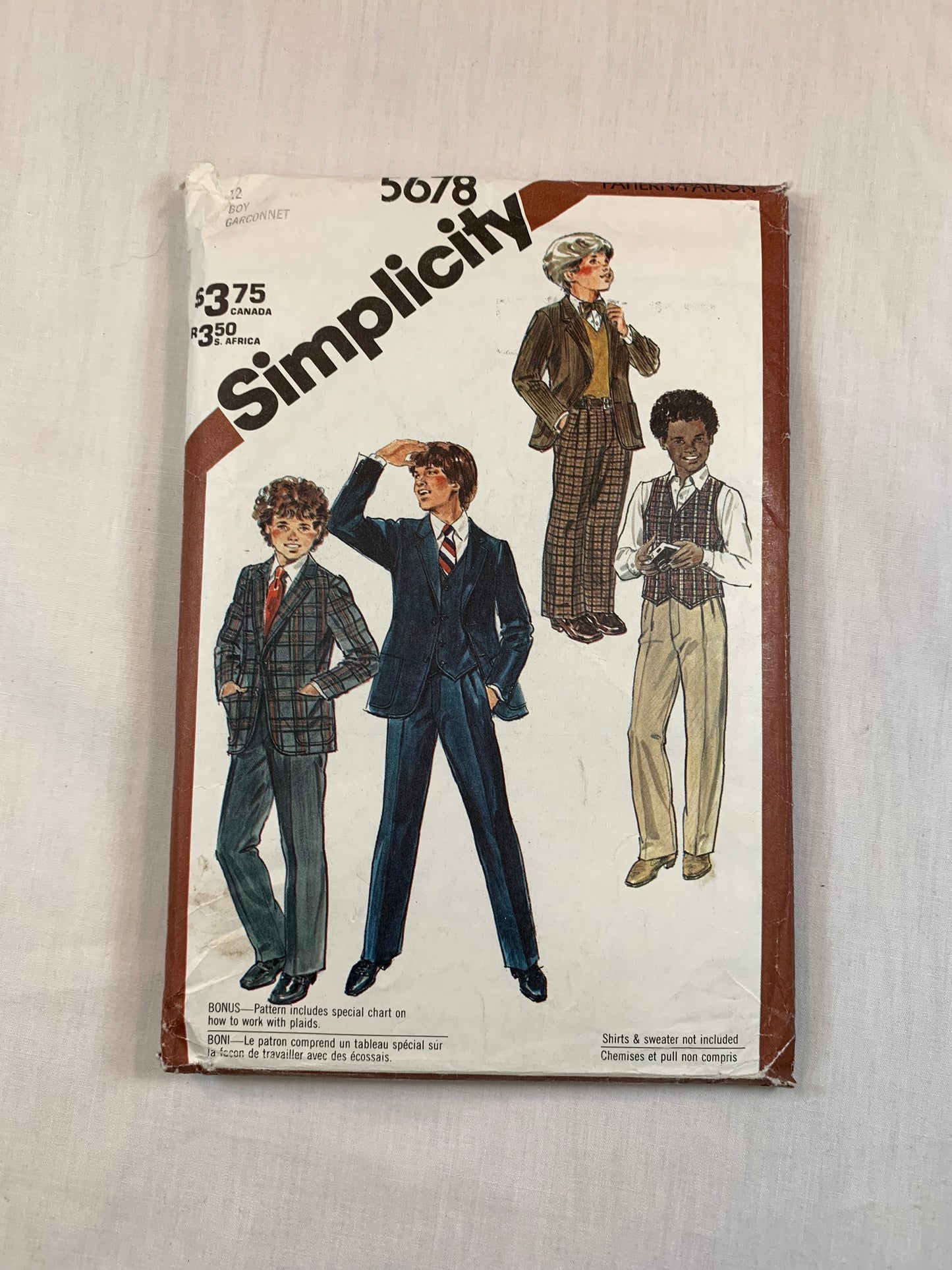 Simplicity Sewing Pattern 5678 Boys' Lined Jacket, Pants, Lined Vest, Fly Zipper, Pockets, Long Sleeves, Size 12, Cut, Vintage 1982