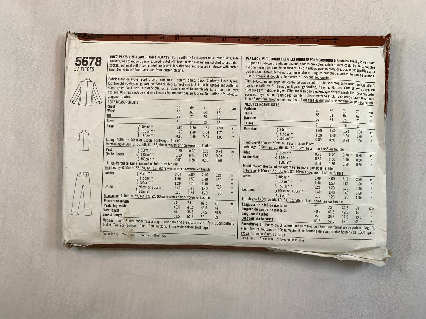 Simplicity Sewing Pattern 5678 Boys' Lined Jacket, Pants, Lined Vest, Fly Zipper, Pockets, Long Sleeves, Size 12, Cut, Vintage 1982