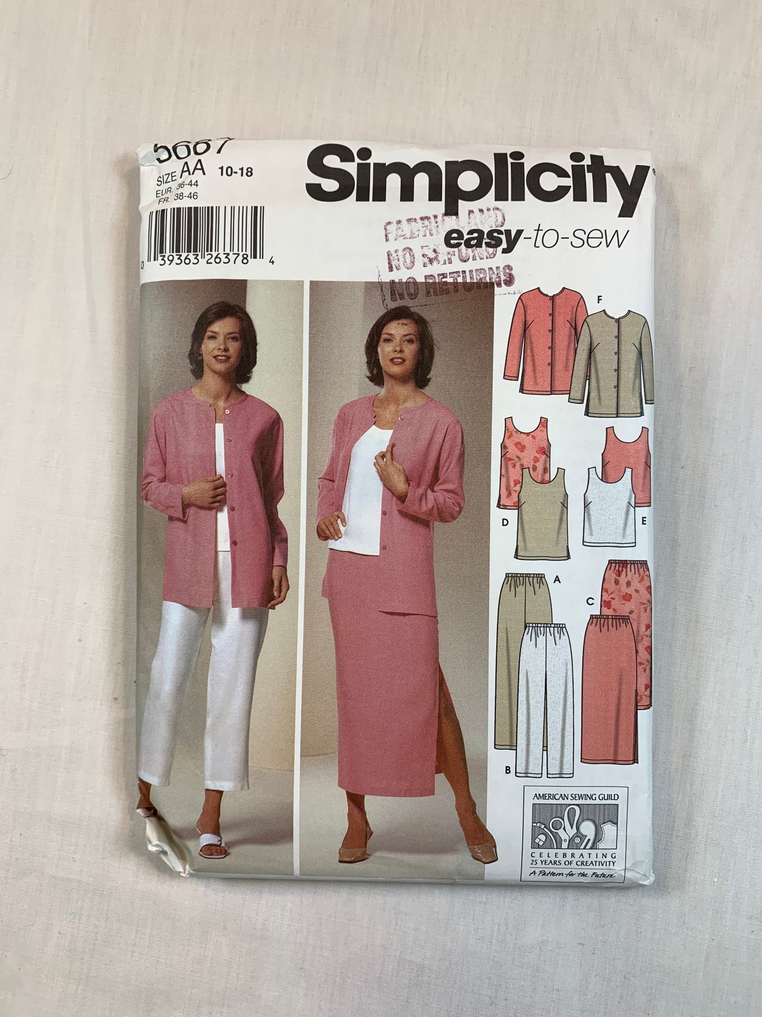 Simplicity 5687 Misses' Pants, Skirt, Tunic, Top, Jacket, Size 10-18, Uncut, 2003