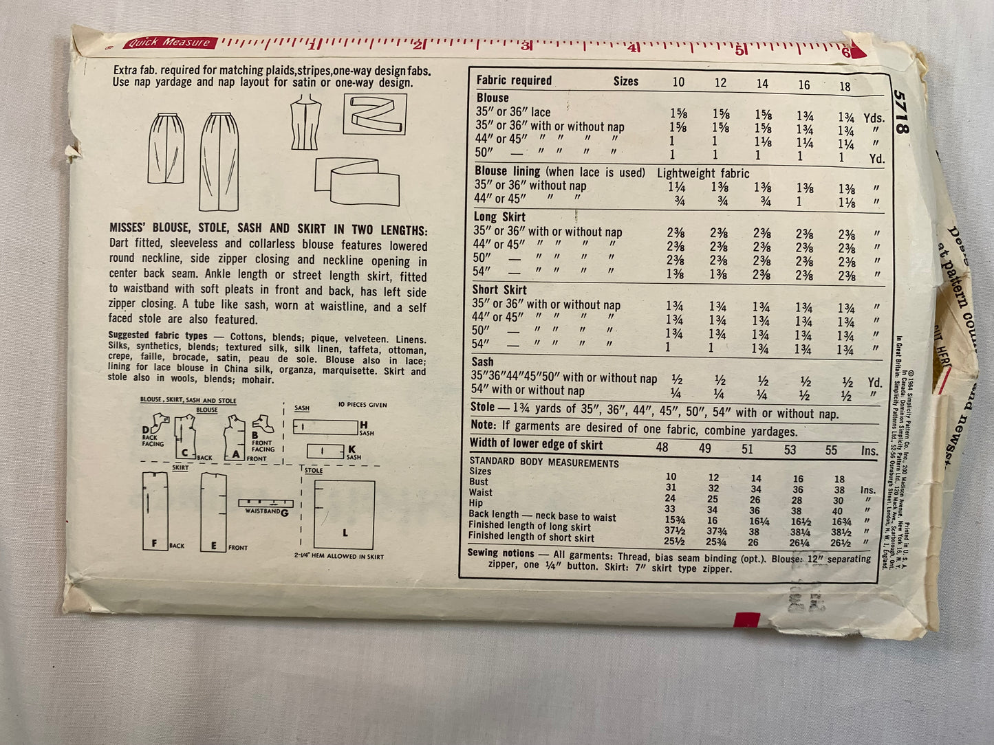 Simplicity 5718 Misses' Blouse, Stole, Sash, Skirt, Size 12, Cut, Vintage 1964