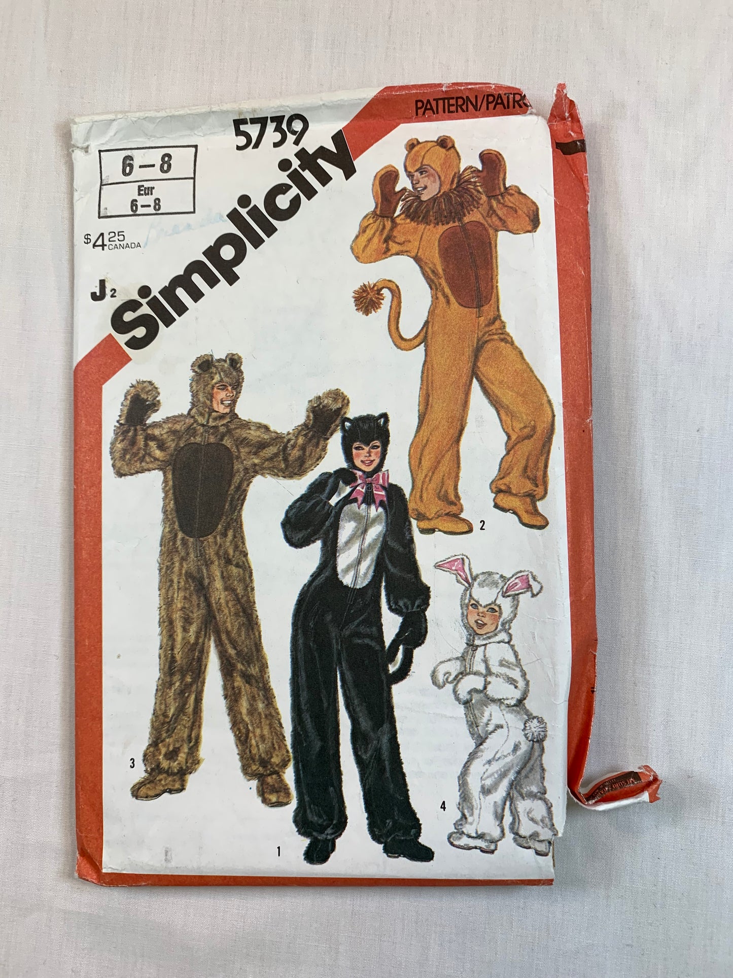 Simplicity Sewing Pattern 5739 Boys'/Girls' Animal Costumes, Cat, Bear, Rabbit, Mitten, Ears, Jumpsuits, Hood, Mittens, Booties, Size 6-8, Cut, Vintage 1982