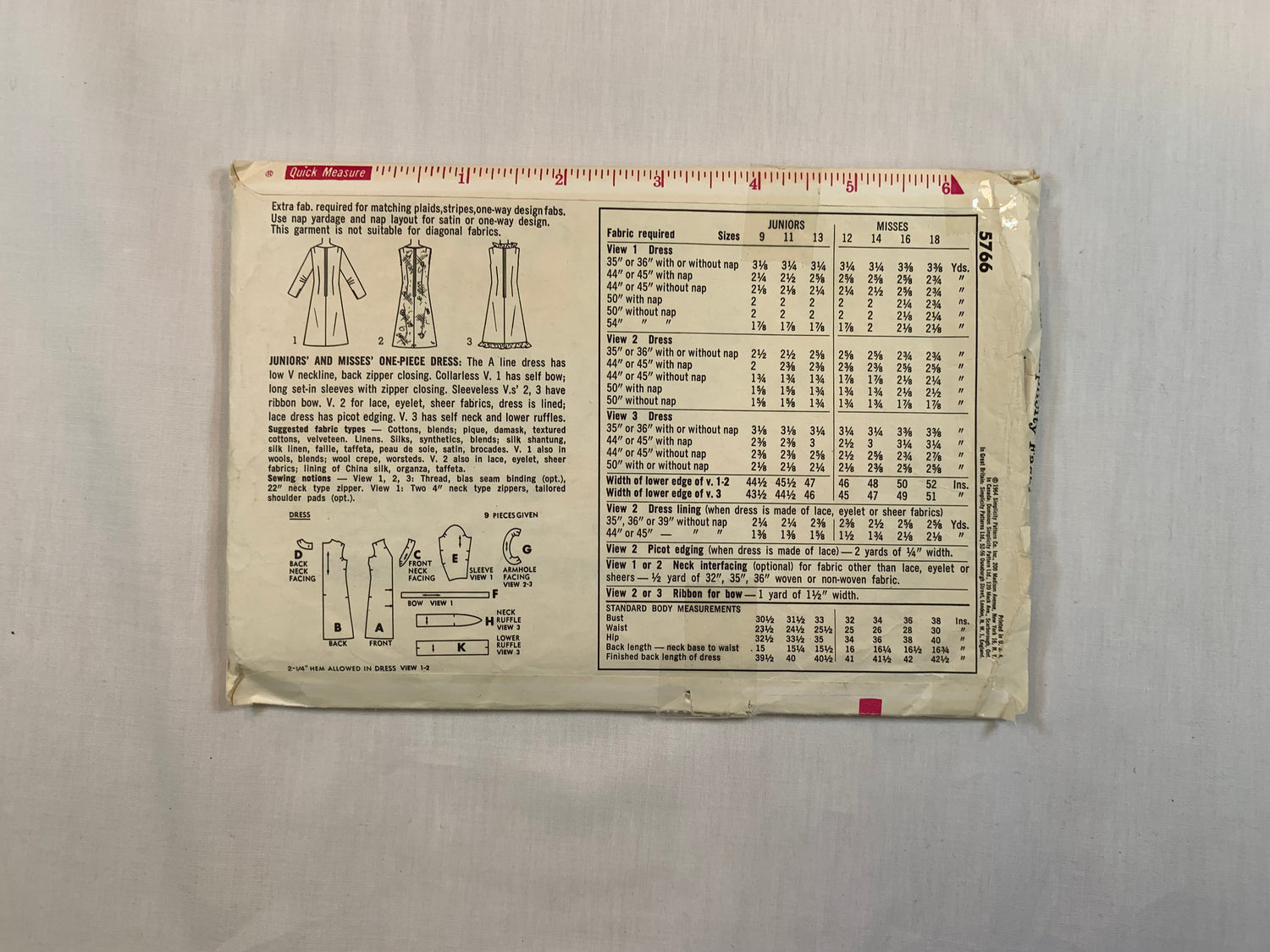 Simplicity 5766 Misses'/Juniors' Dress, Size 11, Cut, Vintage 1964