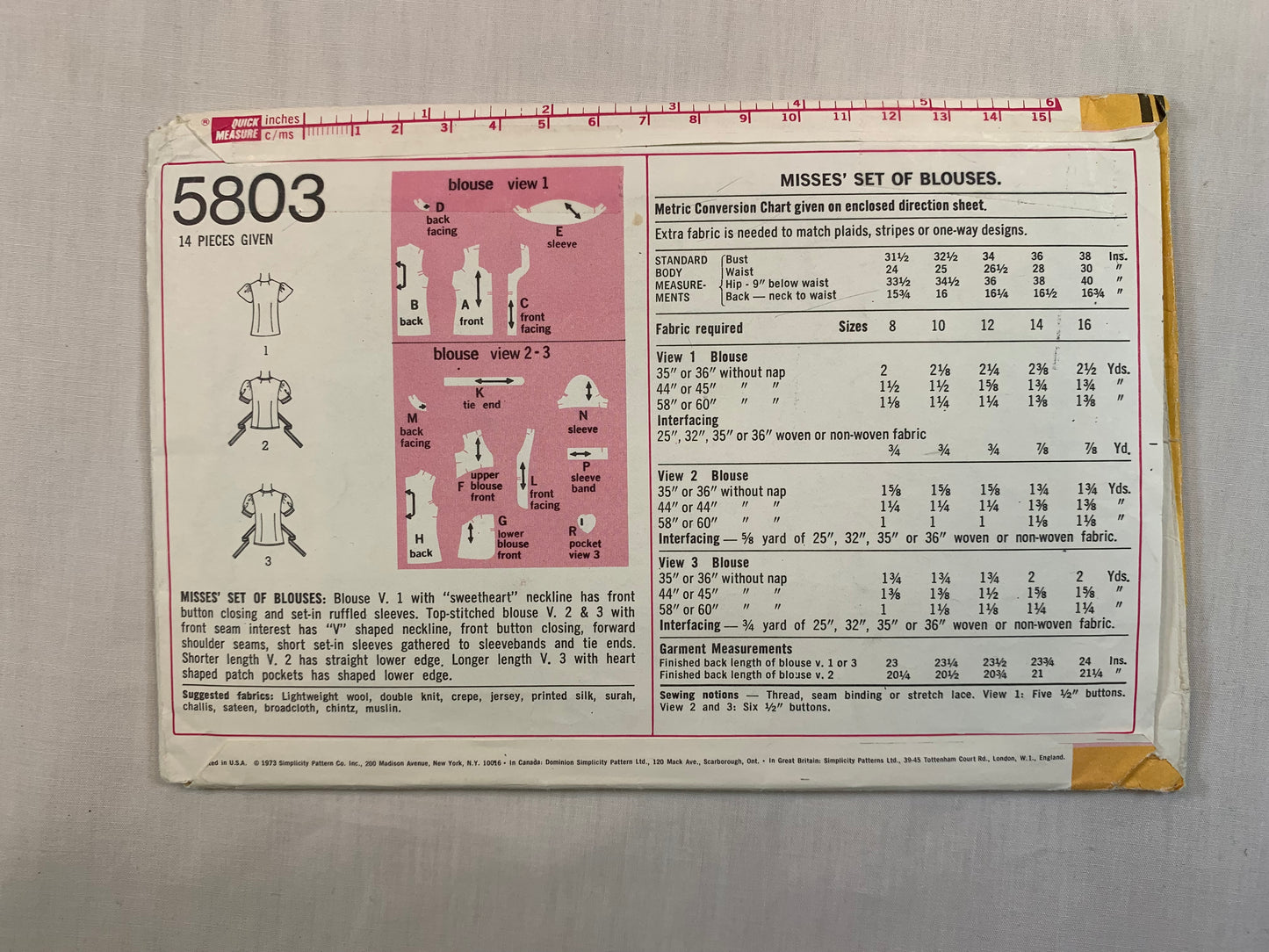Simplicity 5803 Misses' Top, Size 12, Cut, Vintage 1973