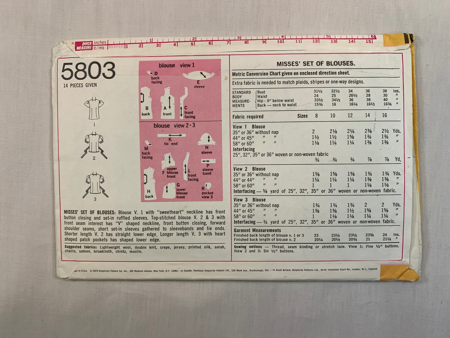 Simplicity 5803 Misses' Top, Size 12, Cut, Vintage 1973